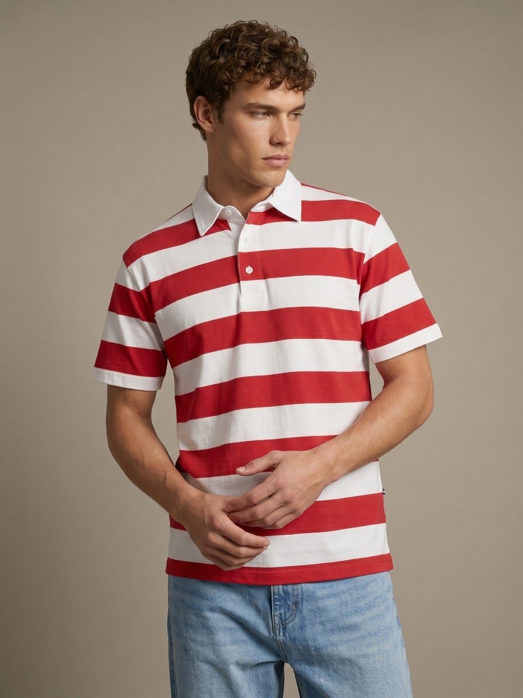 glitchez Striped Polo Collar Relaxed Fit T-shirt-image-49