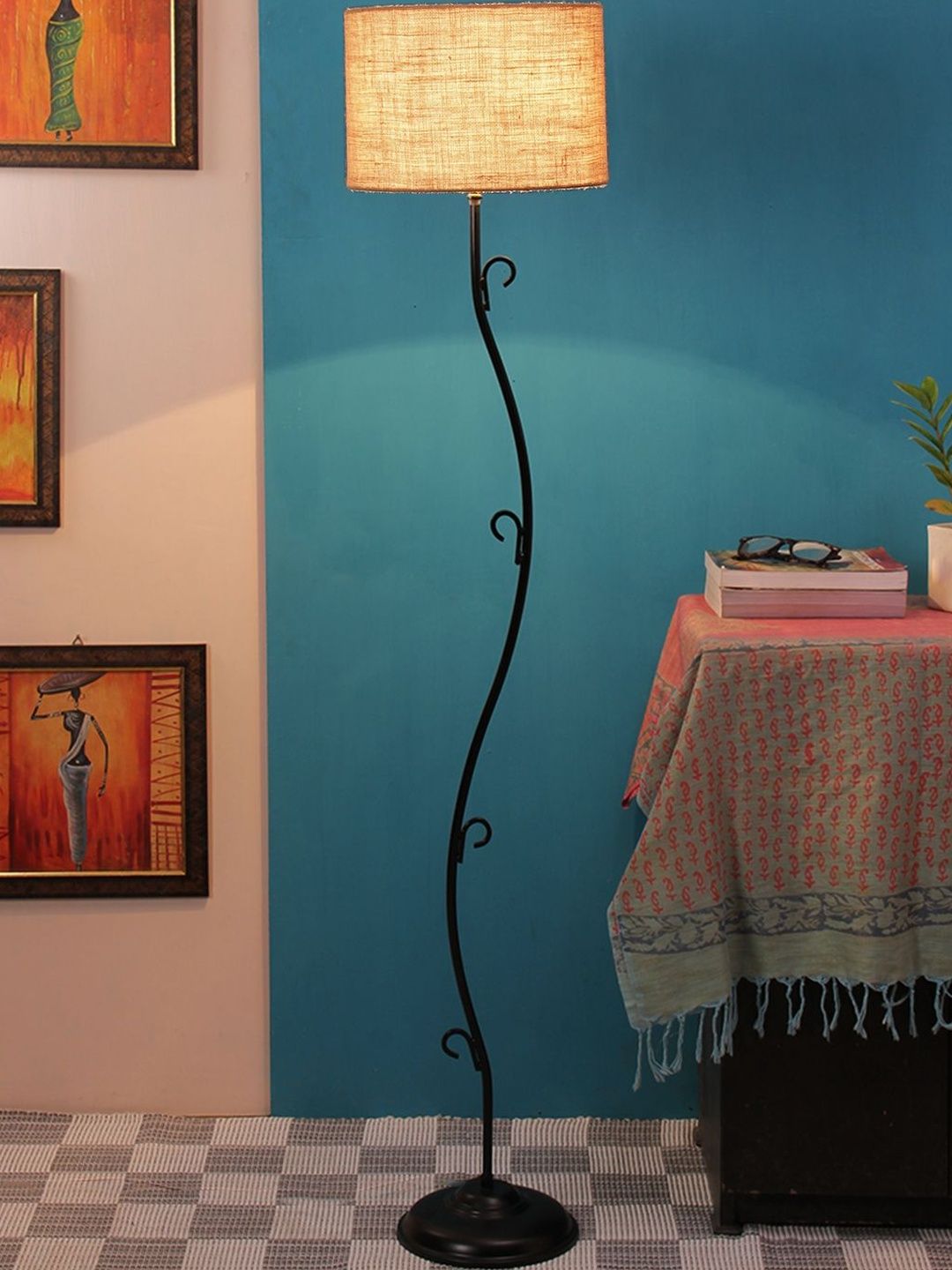 Myntra Elegant Homes Beige & Black Cylinder Shape Floor Lamp-image-15