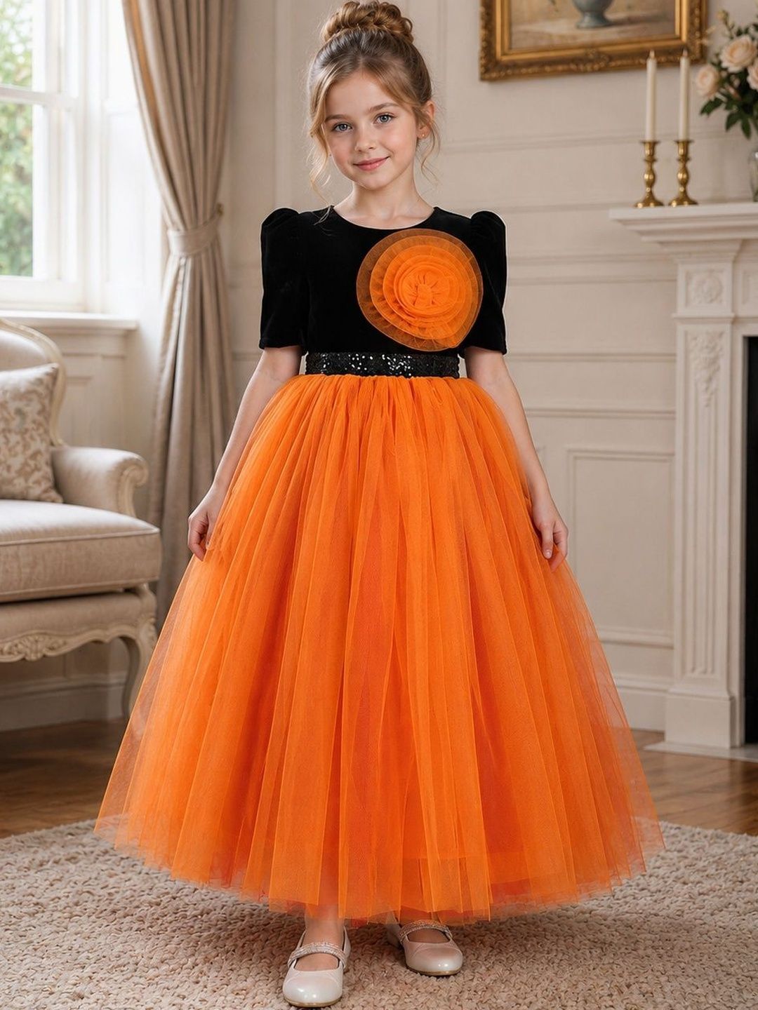 Dripteen Colourblocked Puff Sleeve Ruffled Net A-Line Maxi Dress-picture-31