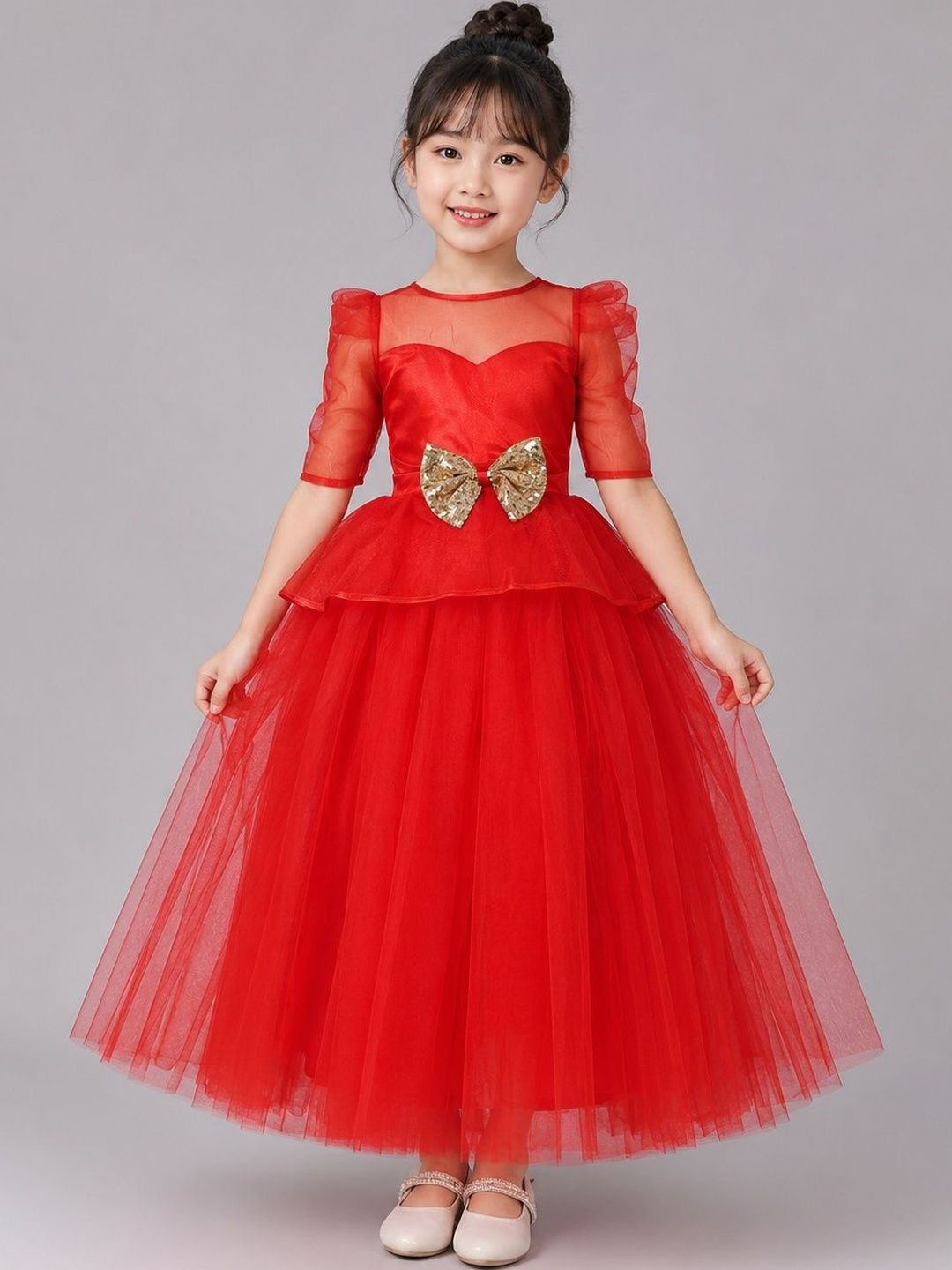 Dripteen Puff Sleeve Ruffled Net A-Line Maxi Dress-picture-42