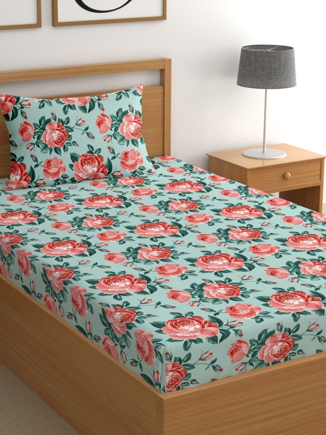 Aura Blue & Pink Floral 180 TC Single Bedsheet with 1 Pillow Covers-picture-45