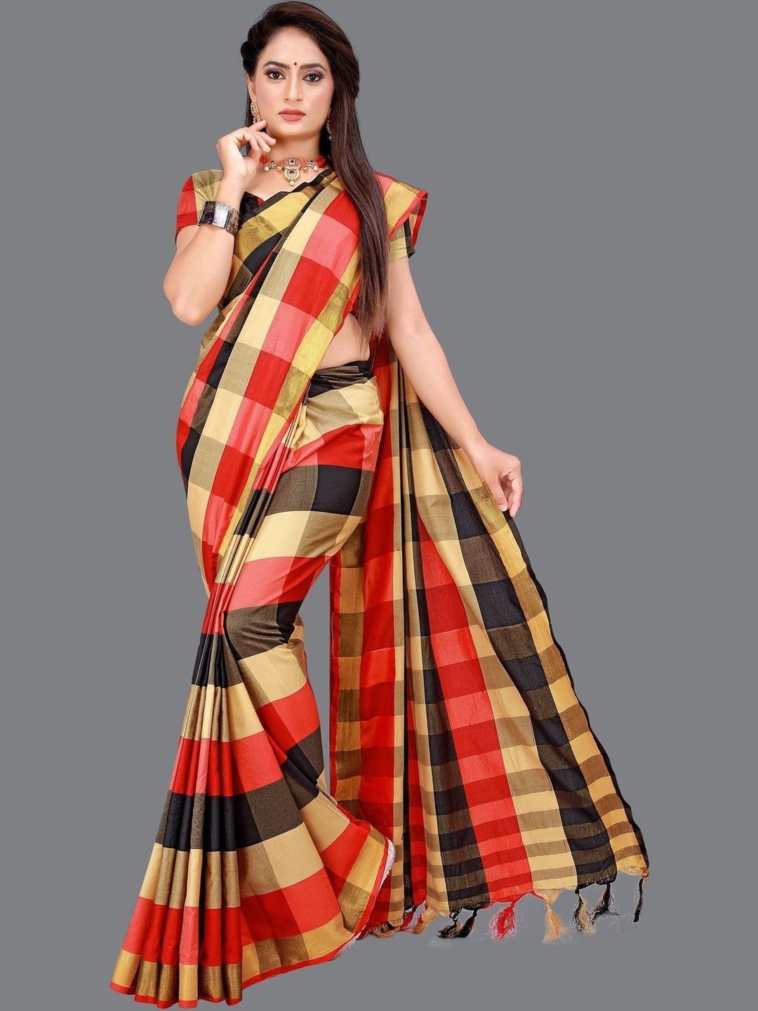 SHAIBO SAREE Checked Silk Cotton Handloom Saree-picture-46