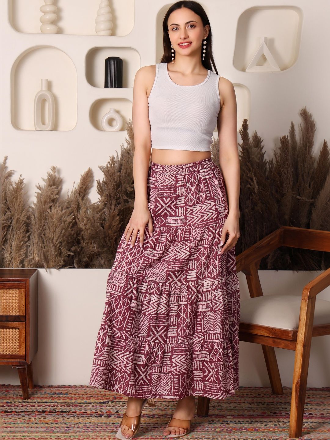 HERE&NOW Women Pure Cotton Blend Geometric Tribal or Aztec Print Maxi Tiered Skirt-picture-44