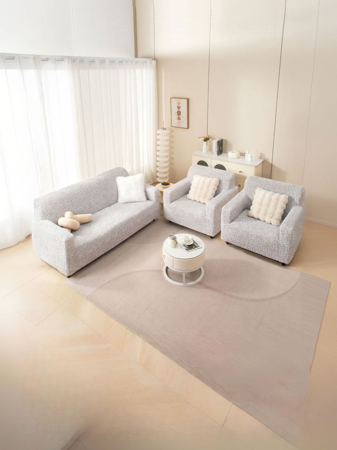 MAGICAL Cream-Coloured Microfibre Blend 3 Piece Sofa Cover With Arms-picture-45