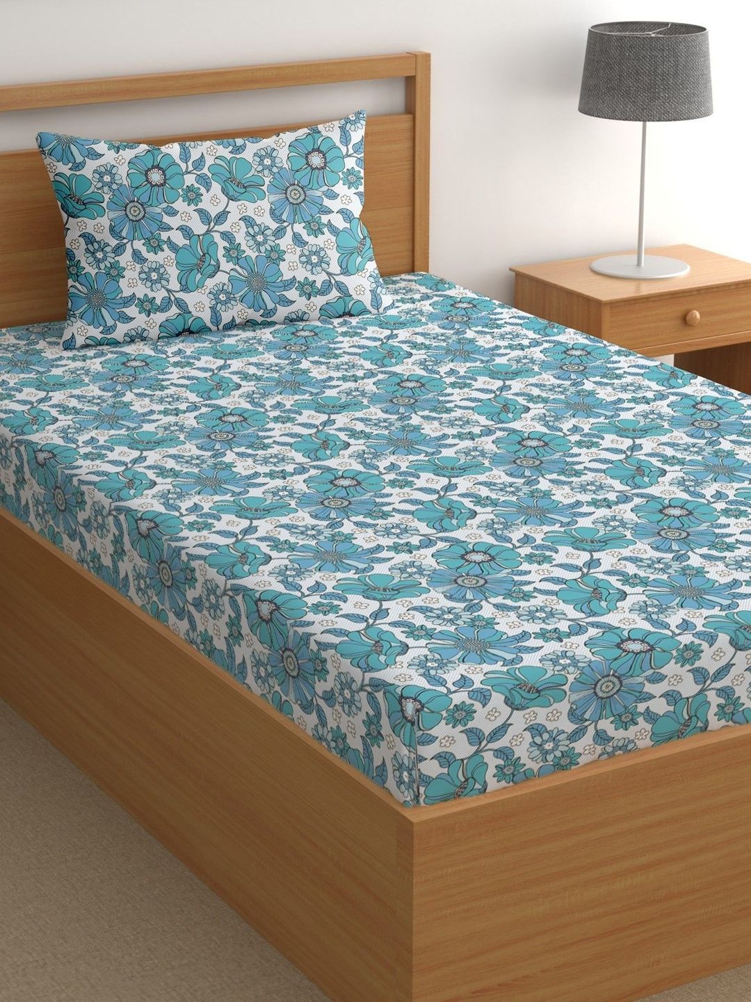 Aura Blue & White Floral 180 TC Single Bedsheet with 1 Pillow Covers-image-36