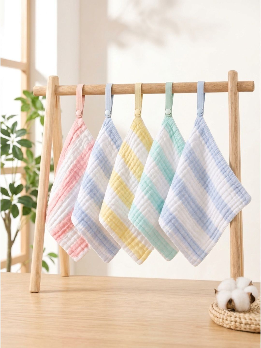 KIDNIP Kids 5Pcs White & Blue Striped Pure Cotton 600-GSM Breathable Face Towels-image-34