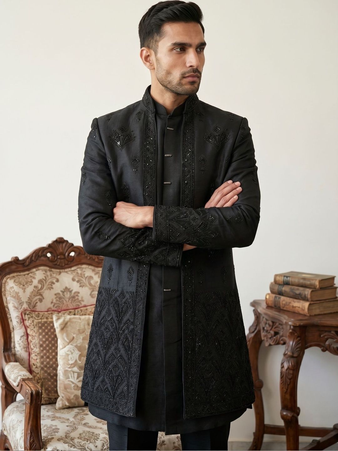 Jompers Embroidered Mandarin Collar Sherwani Set-picture-43