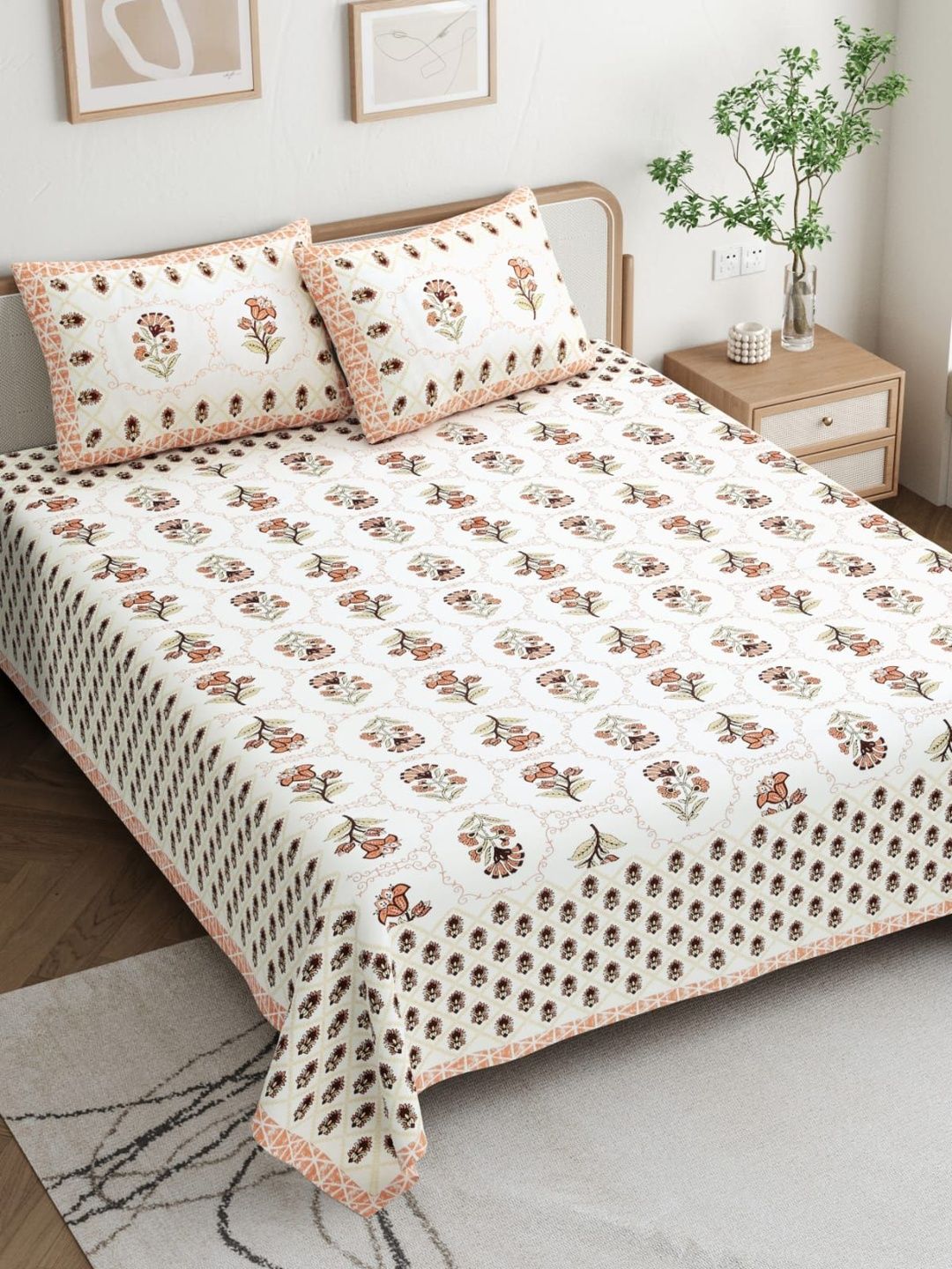Maa Collection Orange & White 180 TC King Bedsheet with 2 Pillow Covers-picture-54