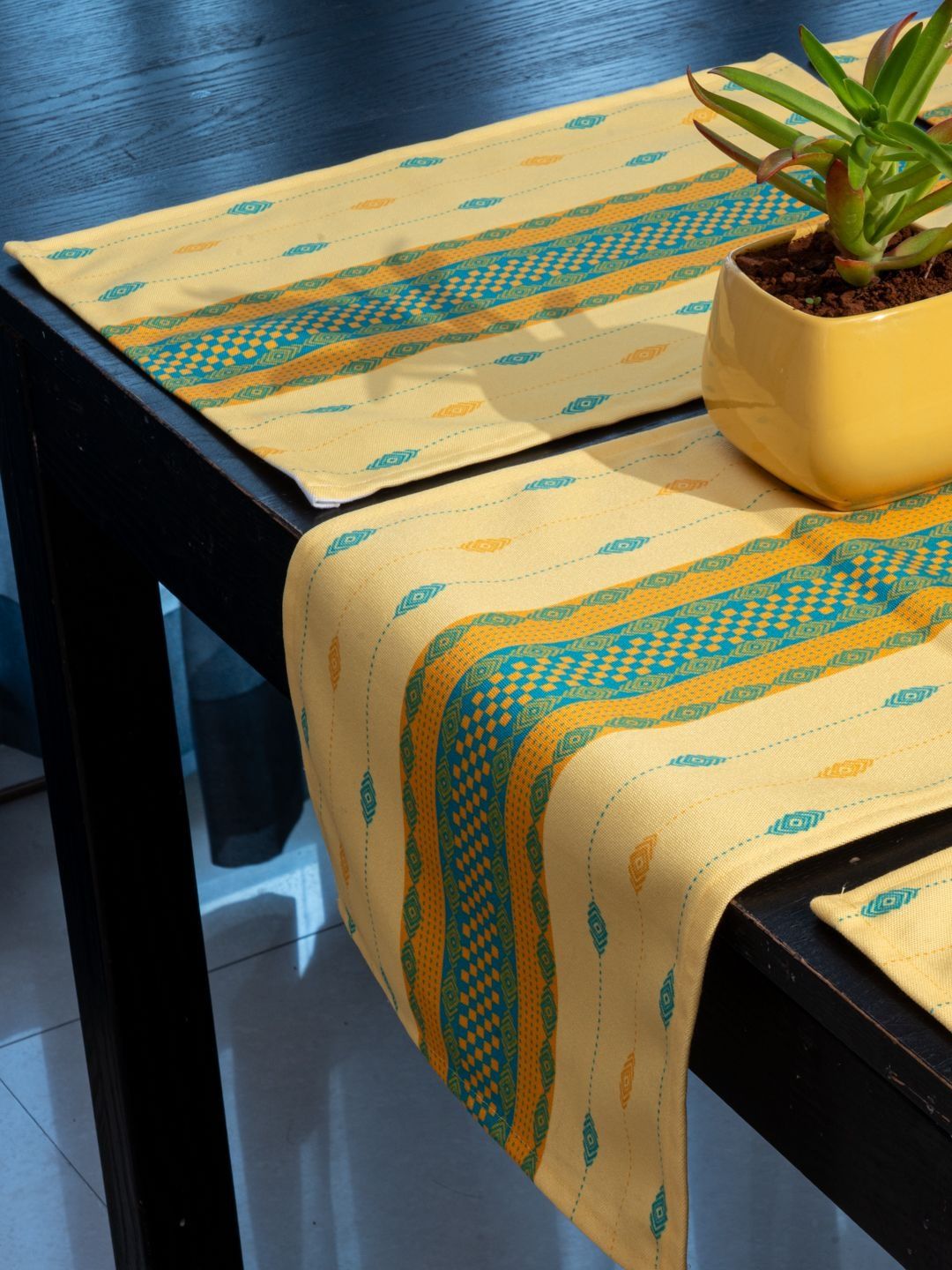 Indisca Designs Teal Blue & Yellow Ikat Printed 5-Pcs Table Linen Sets-image-22