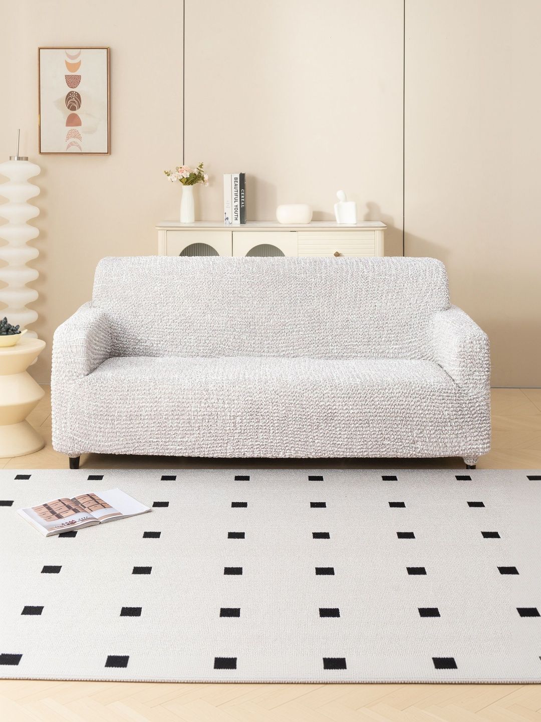 MAGICAL Cream-Coloured Microfibre Blend 1 Piece Sofa Cover With Arms-picture-49