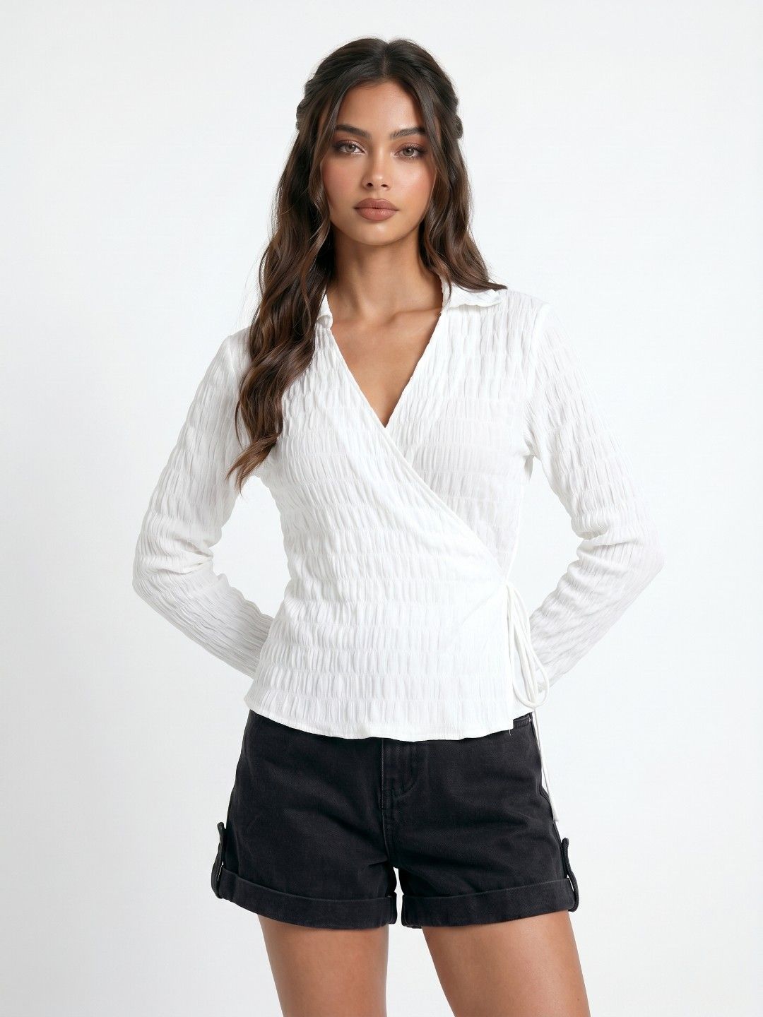 glitchez V-Neck Textured Wrap Top With Tie-Ups-picture-28