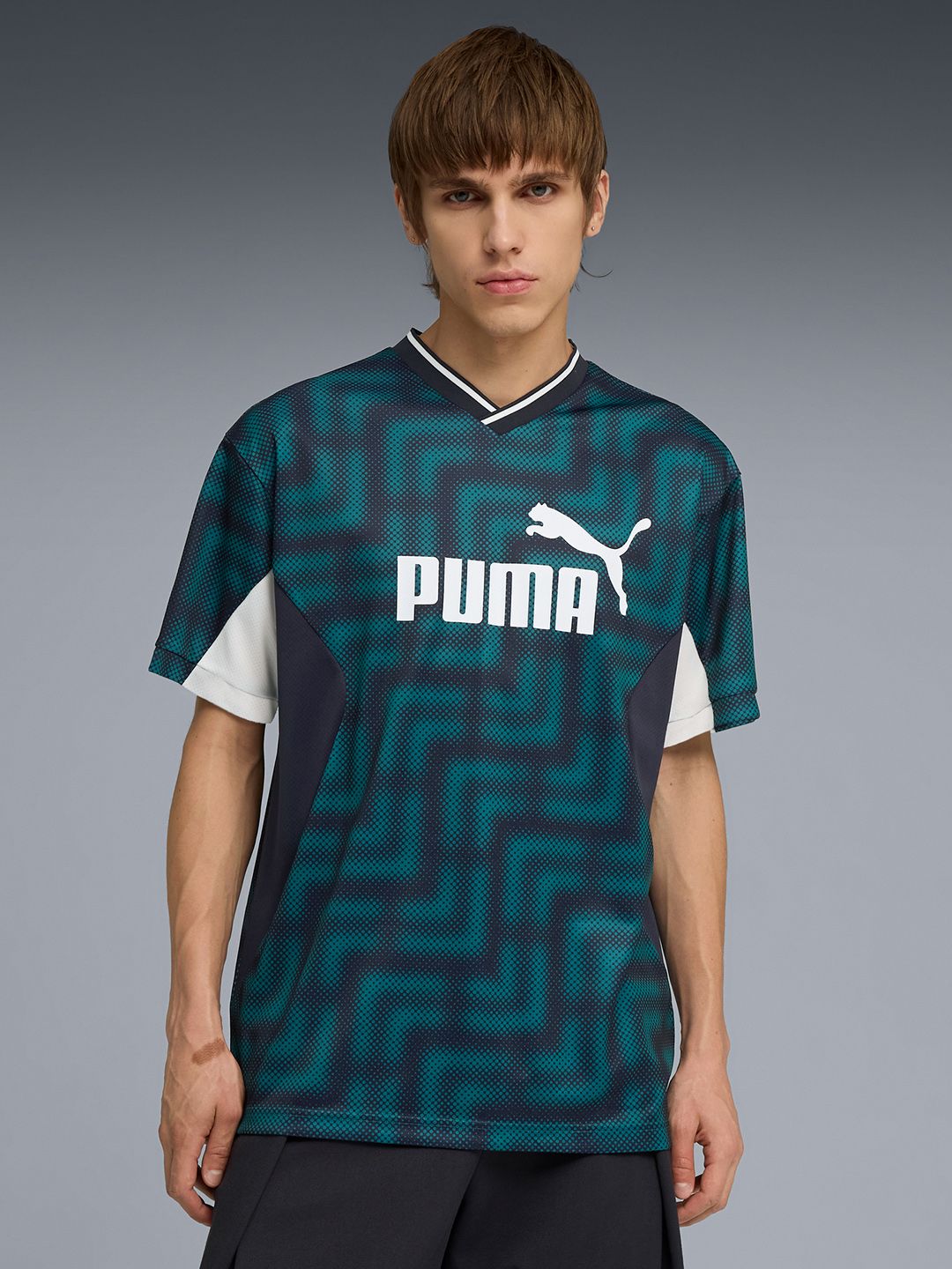 Puma Essentials Block Brand Logo Printed V-Neck dryCELL Relaxed Football Jersey T-shirt-image-26