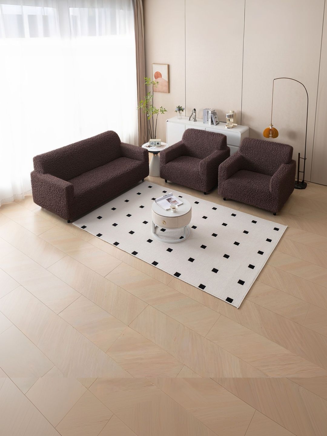 MAGICAL Brown Microfibre Blend 3 Piece Sofa Cover With Arms-image-16
