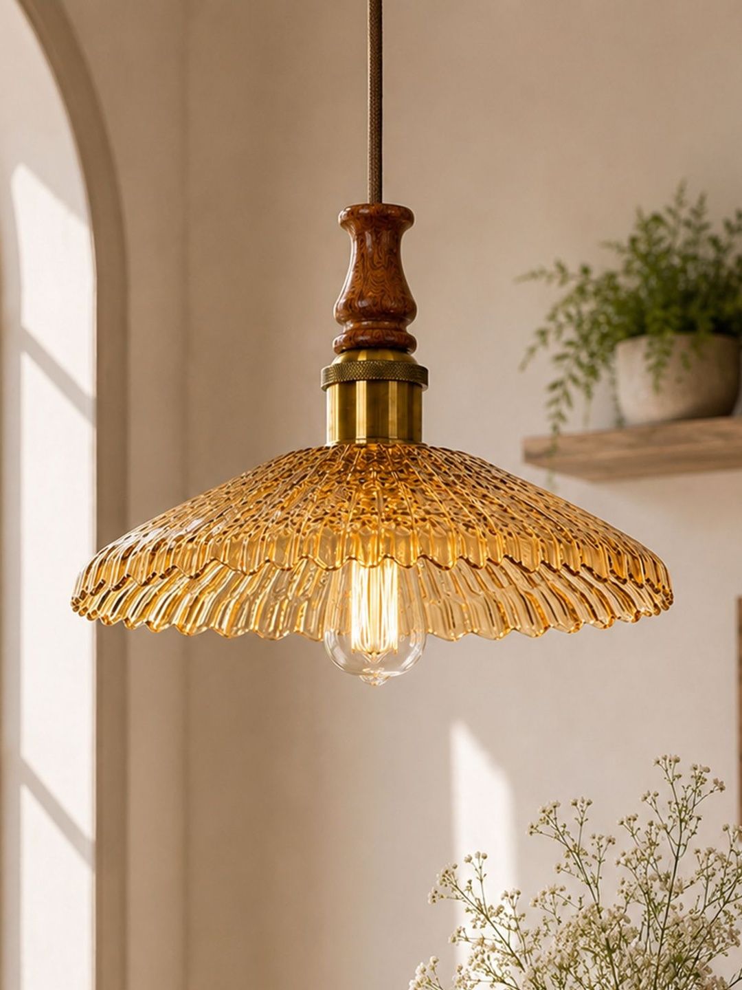 Glowhere Yellow Textured Glass Traditional Ceiling Lamp