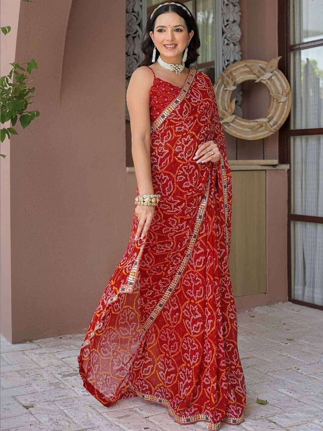 HERE&NOW Bandhani Mirror Work Pure Georgette Fusion Bandhani Saree-picture-37