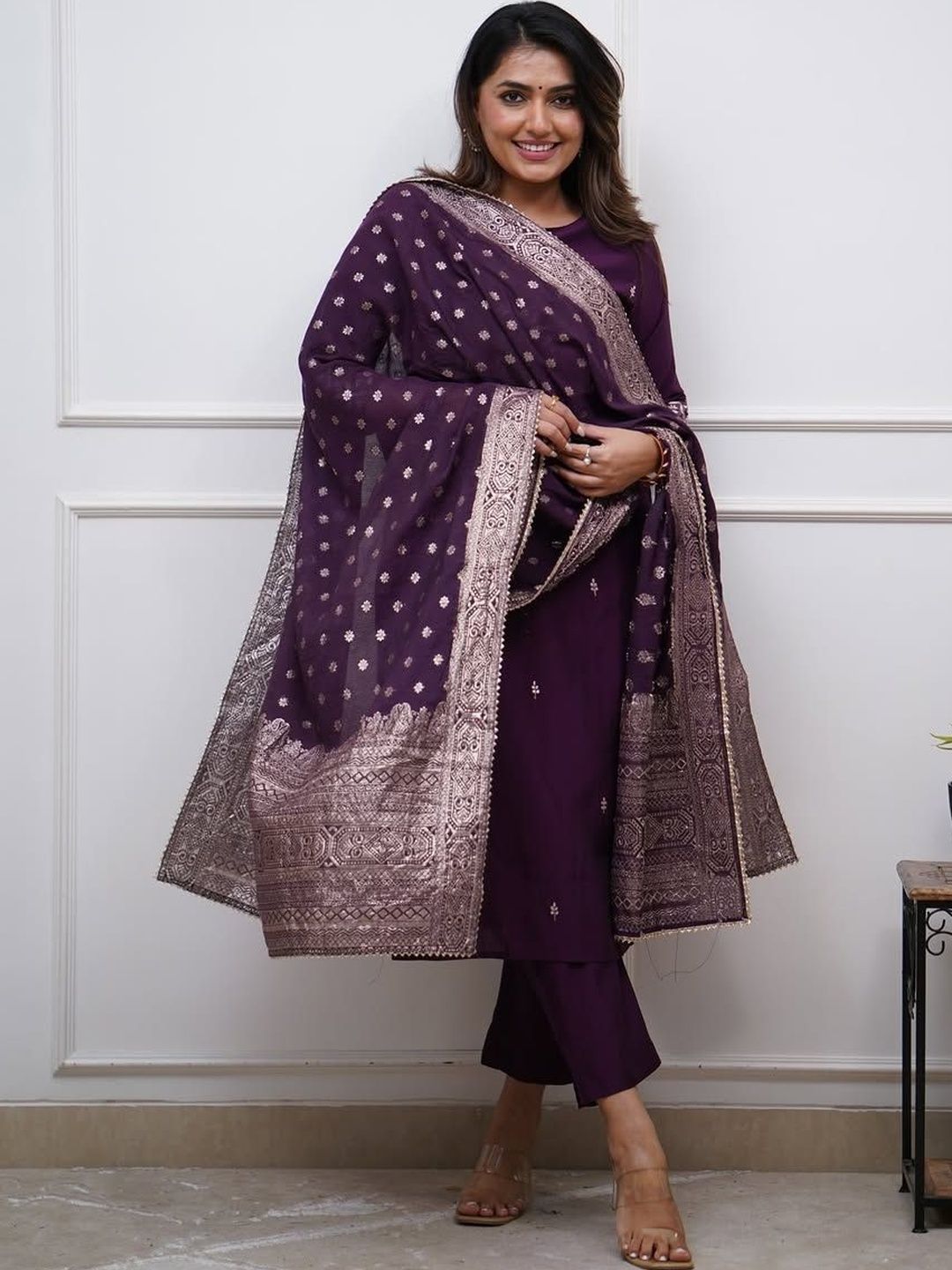Sangria Women Ethnic Motifs Embroidered Regular Thread Work Chanderi Cotton Kurta with Trousers & With-picture-24