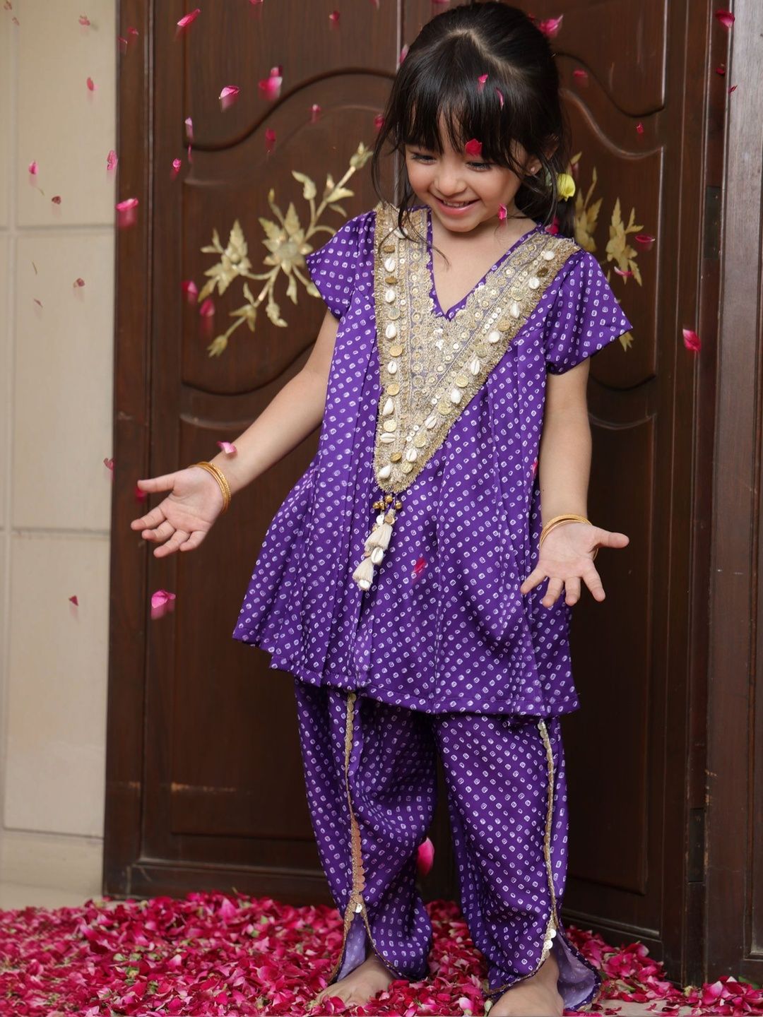Fayon Kids Girls Bandhani Dyed Regular Patchwork Silk Crepe Kurta with Patiala-image-47