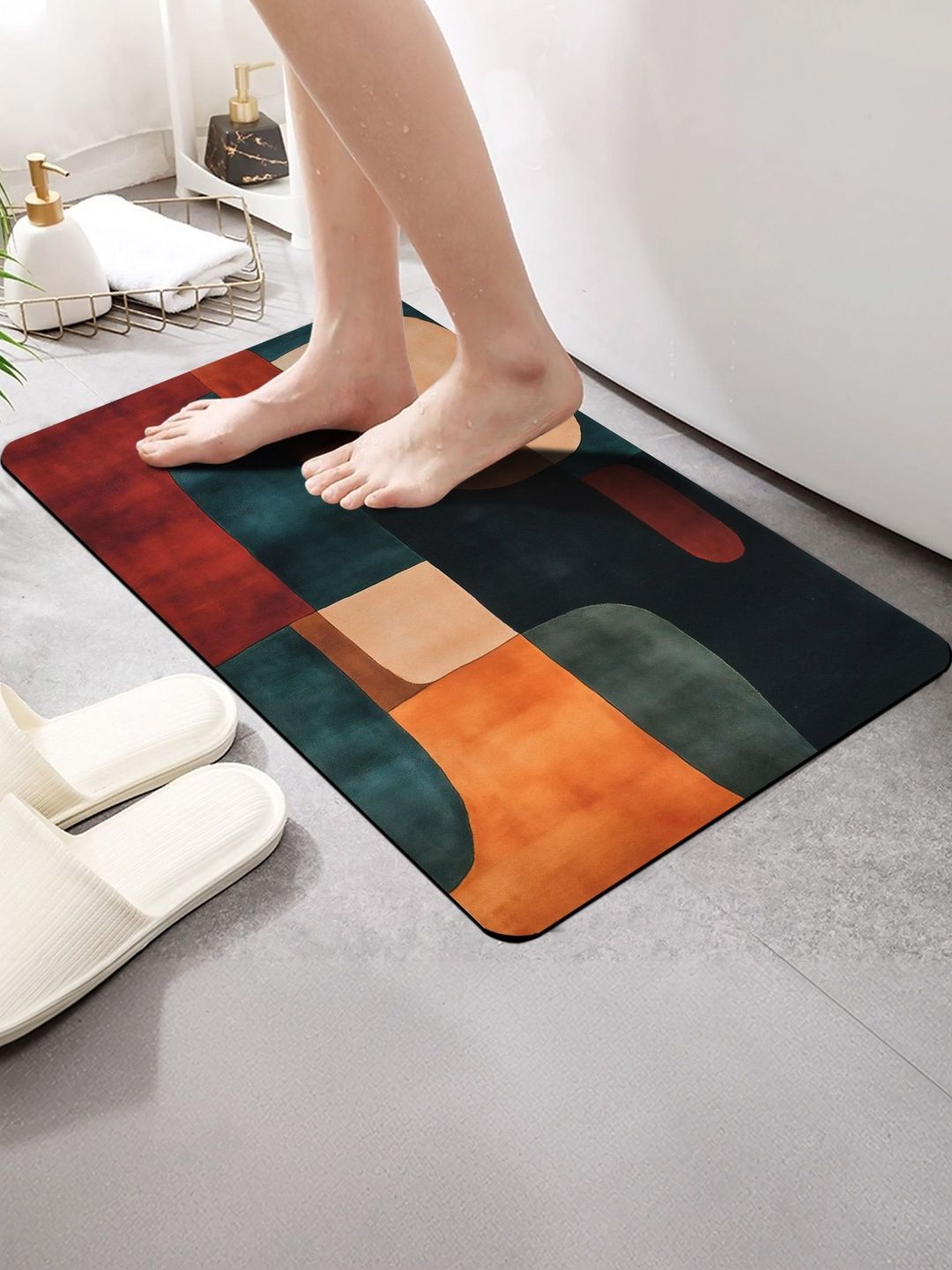 FINE TEX WORLD Black & Orange Printed Water Absorbable Anti-Skid Doormats-image-45