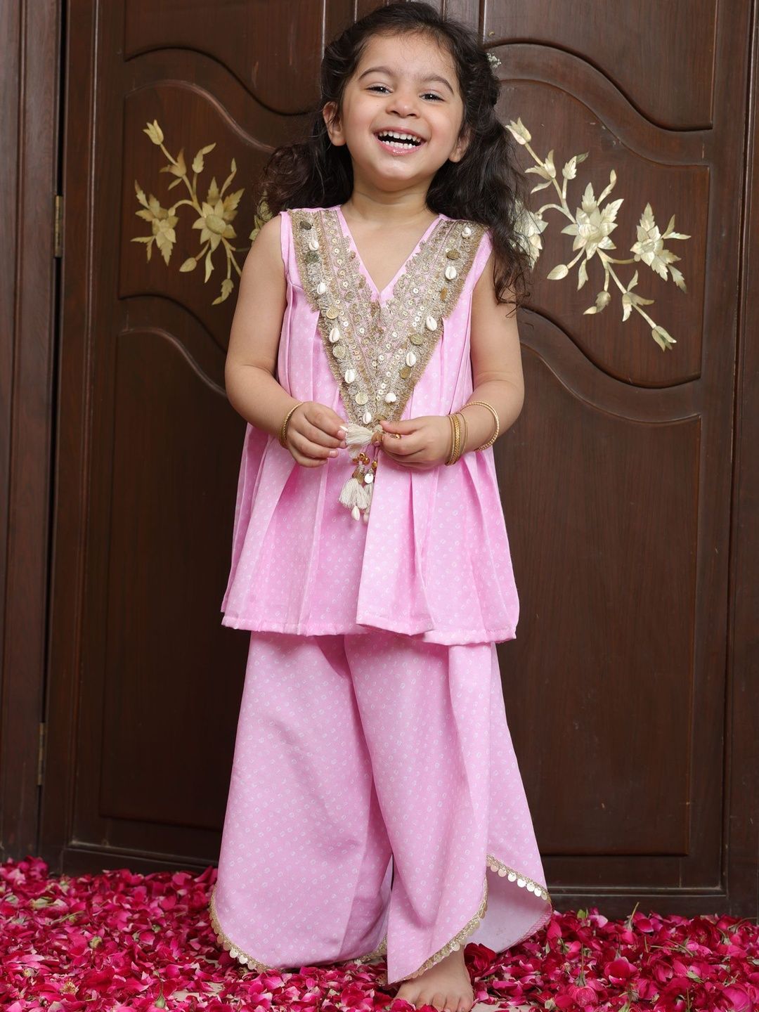 Fayon Kids Girls Printed Regular Sequinned Silk Crepe Kurti with Palazzos-image-47