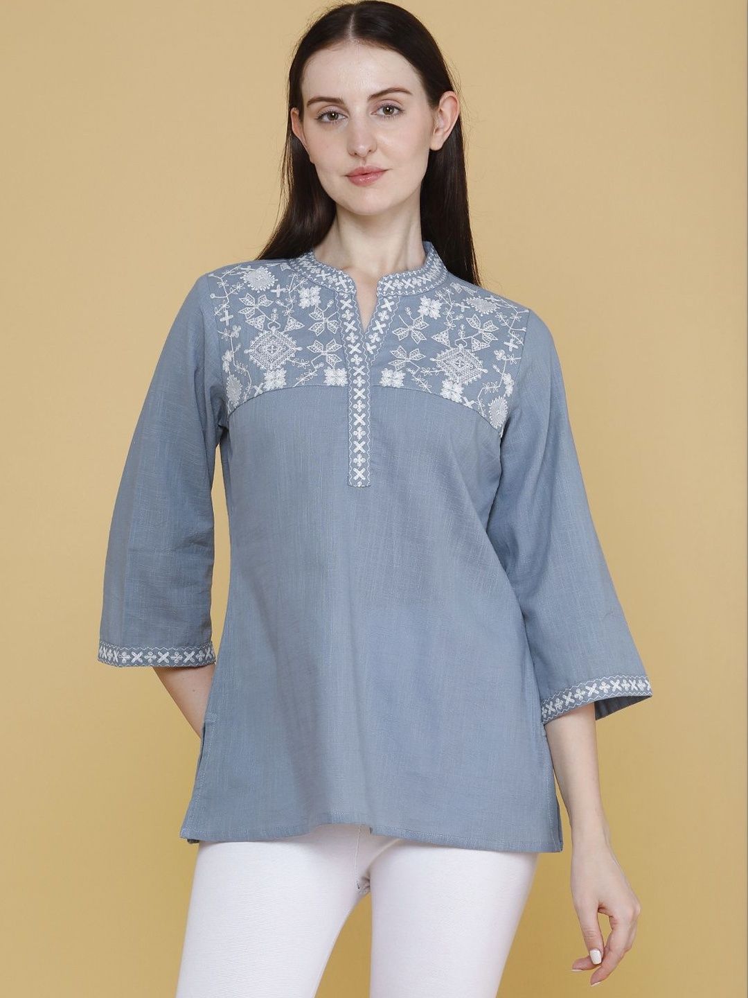 limeroad Blue Ethnic Motifs Embroidered High Neck Top-picture-12