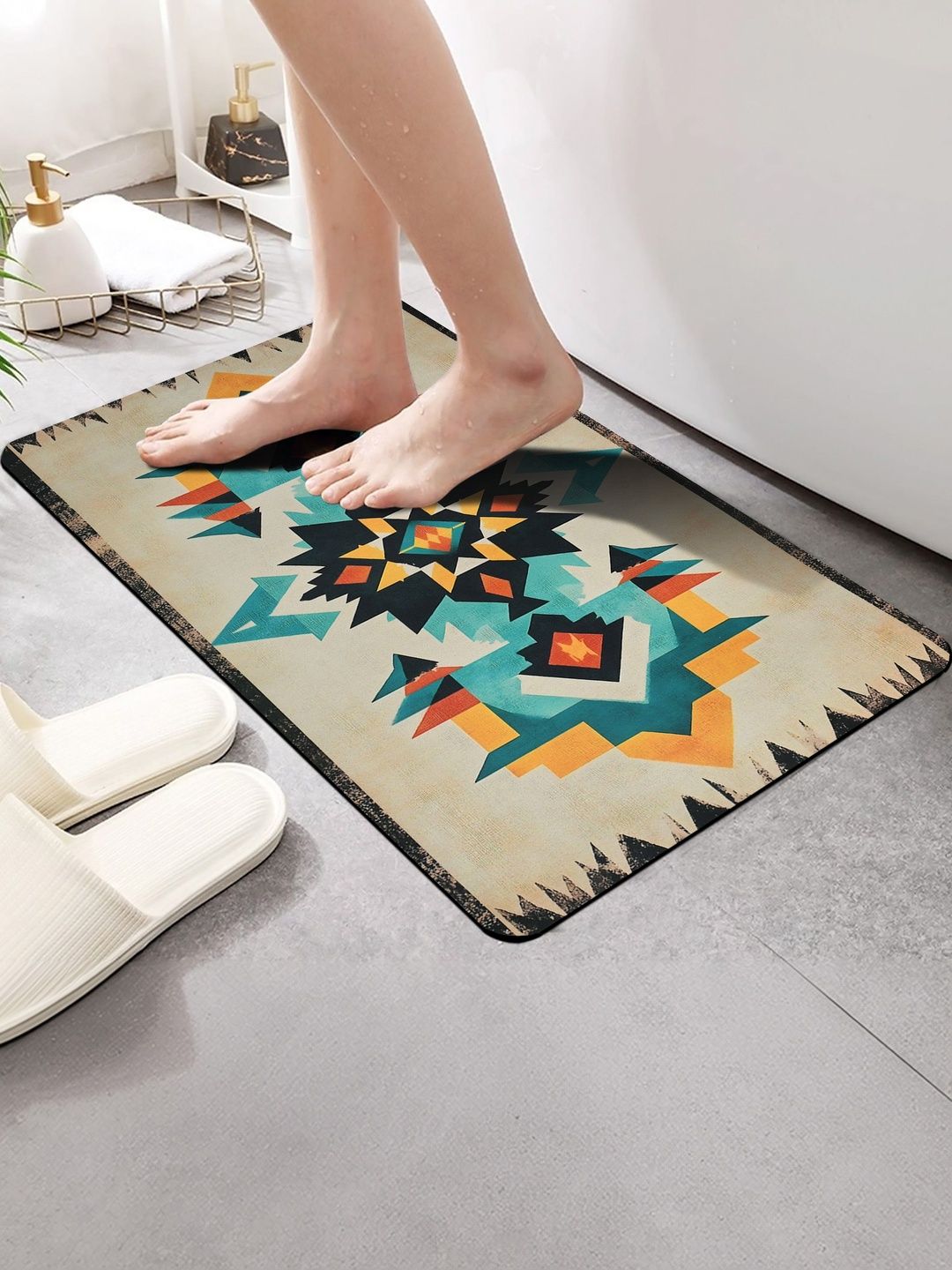 FINE TEX WORLD Black & Orange Printed Water Absorbable Anti-Skid Doormats-picture-34