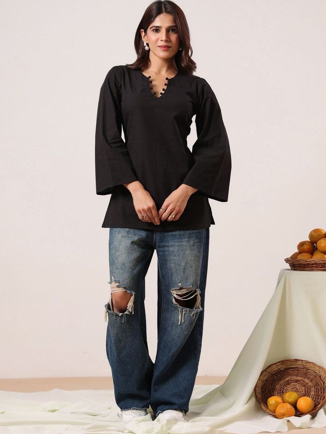 Anouk V-Neck Flared Sleeves Pure Cotton Blend Kurti-picture-38