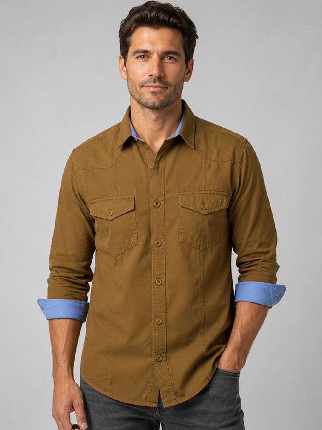 FRANKSHIRT Men Mehendi Green Solid Cargo Cotton Regular Fit Full Sleeve Casual Shirt-image-29