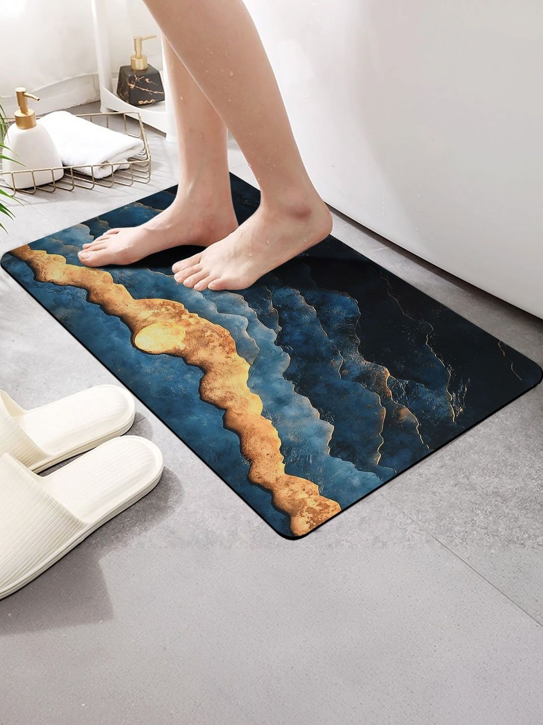 FINE TEX WORLD Black & Blue Printed Water Absorbable Anti-Skid Doormats-picture-36