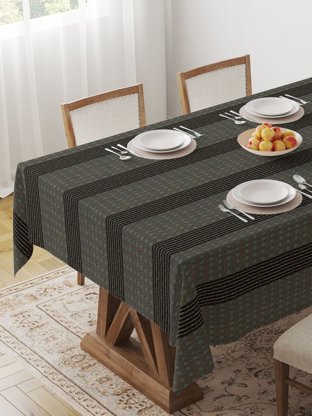 HOME COLORS.IN Brown Geometric Printed Cotton 4-Seater Table Cover with Textured details-picture-25
