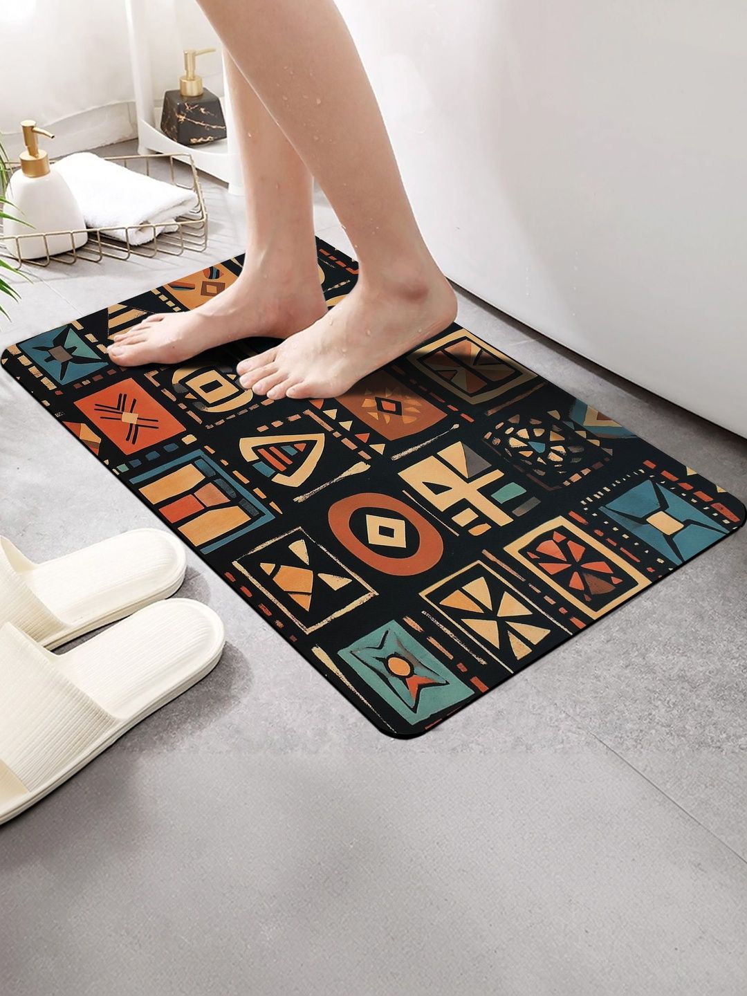 FINE TEX WORLD Black & Orange Printed Water Absorbable Anti-Skid Doormats-picture-57