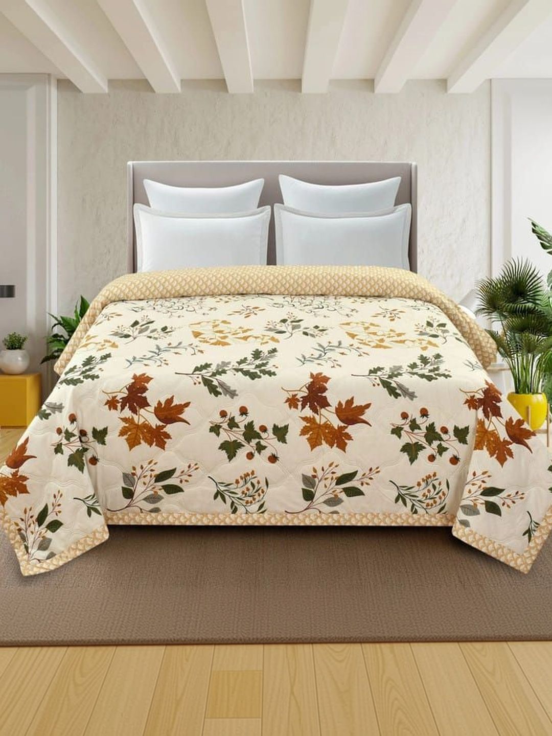 Doristyle Beige Floral AC Room 210 GSM Quilt-image-22