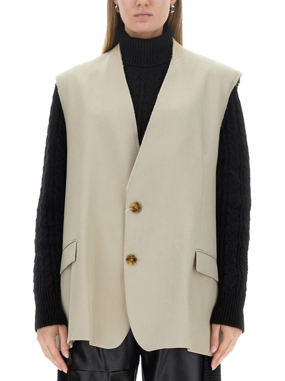 MM6 Maison Margiela Beige Solid V Neck Jacket-picture-23