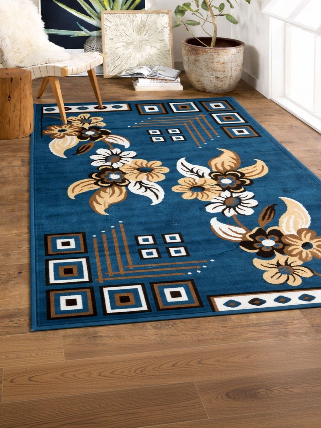 Myntra Elegant Homes Teal Floral Anti-Skid Polypropylene Carpet-image-35