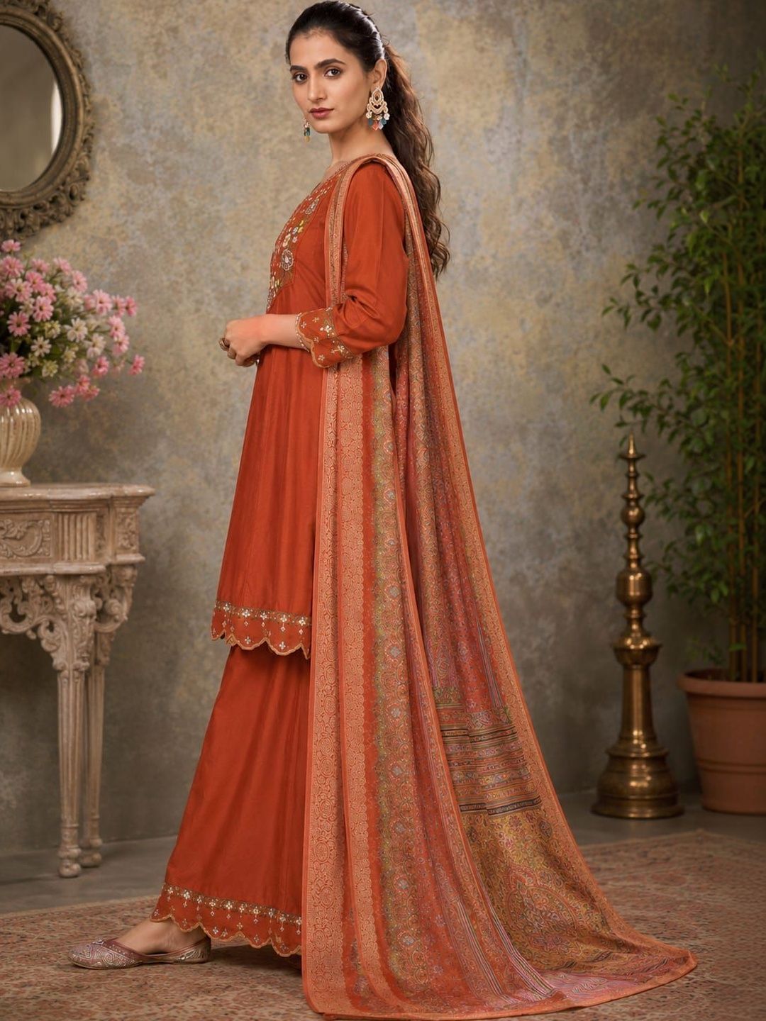 Julry Shulry Women Ethnic Motifs Embroidered Empire Thread Work Pure Cotton Kurti with Palazzos & With-image-46