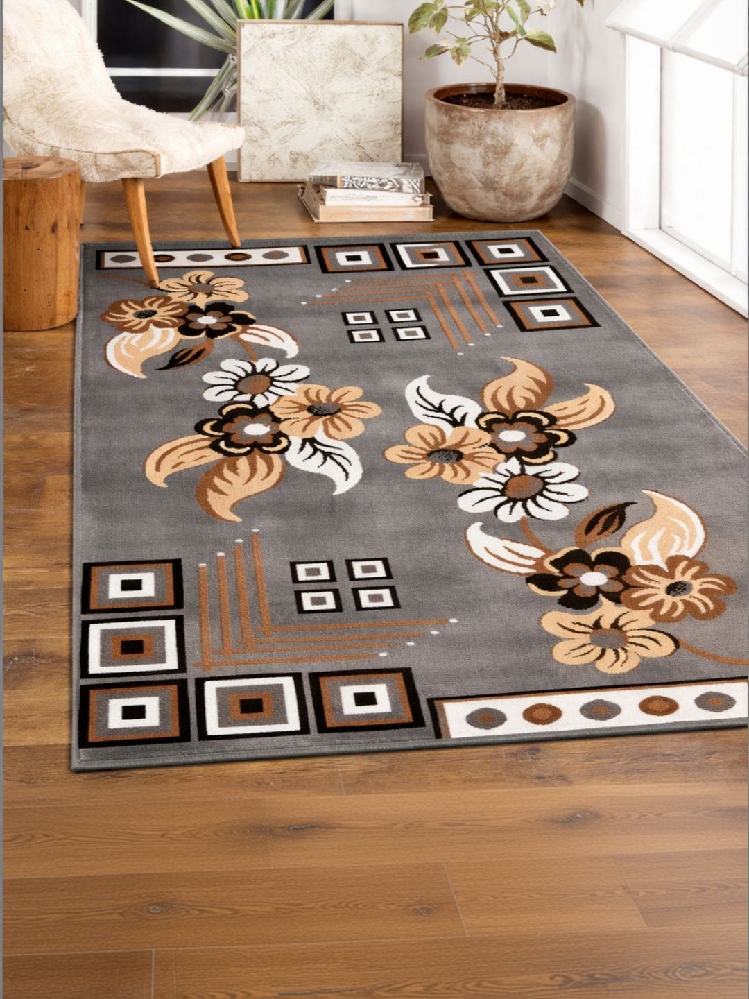 Myntra Elegant Homes Grey Floral Polypropylene Carpet-image-38