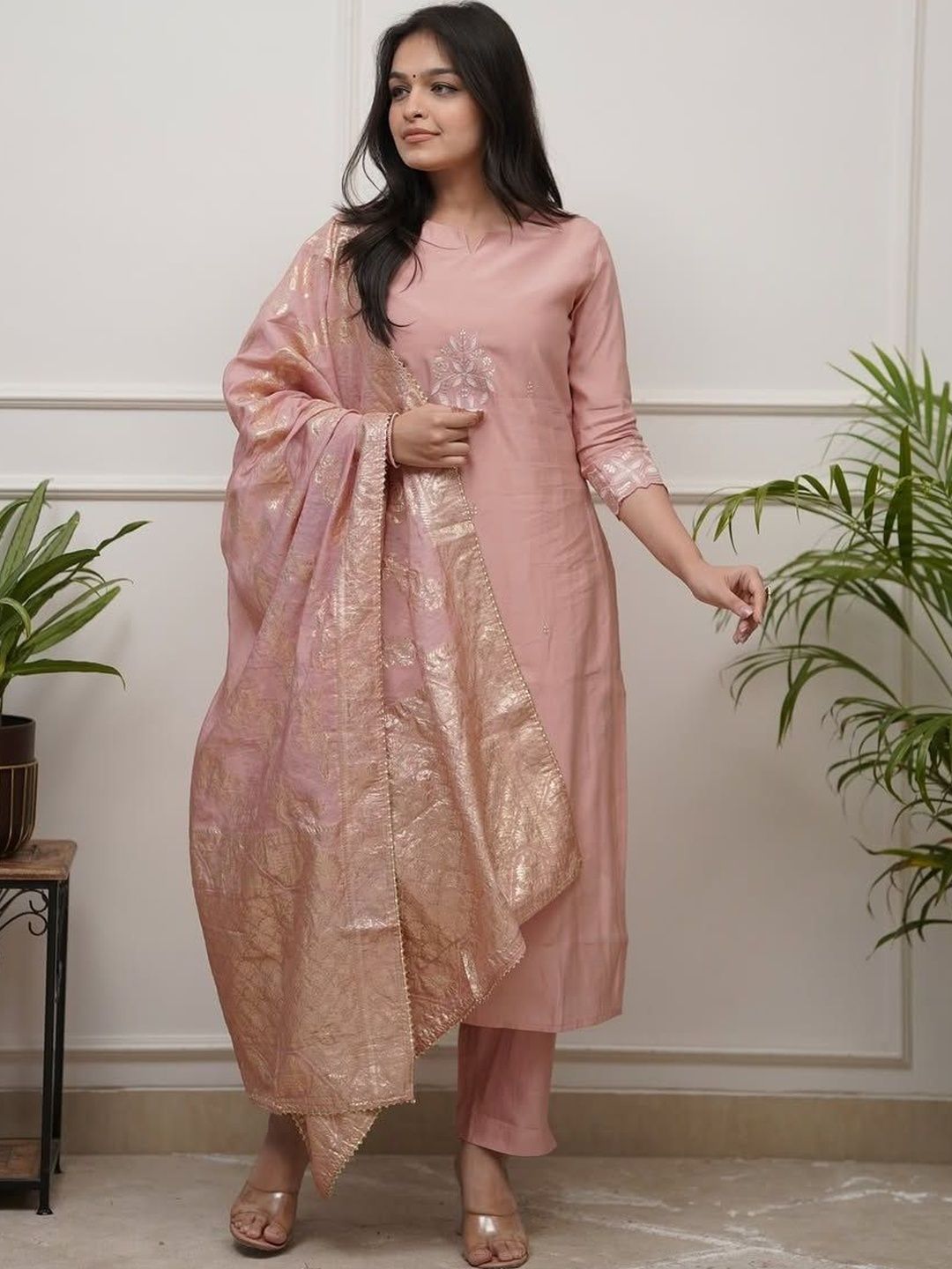 Sangria Women Ethnic Motifs Embroidered Regular Thread Work Chanderi Cotton Kurta with Trousers & With-picture-25