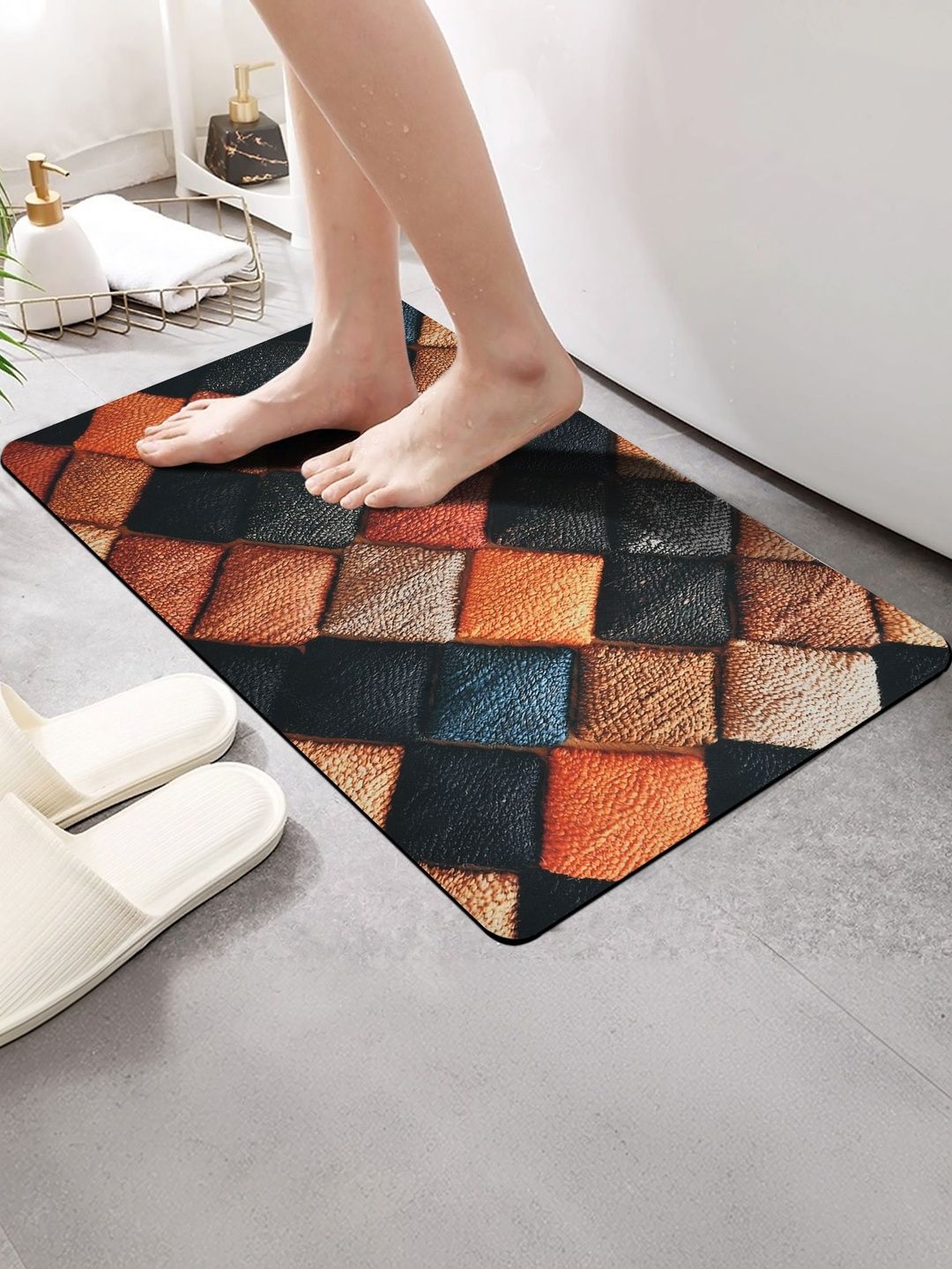 FINE TEX WORLD Black & Orange Printed Water Absorbable Anti-Skid Doormats-picture-45