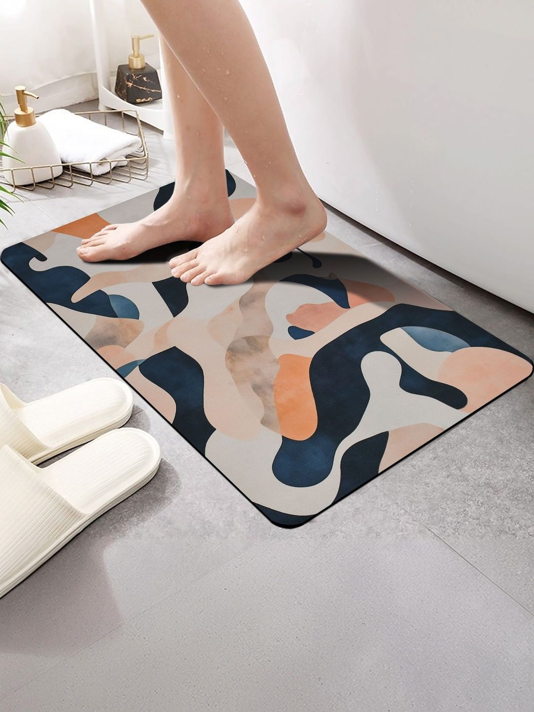 FINE TEX WORLD Beige & Navy-Blue Printed Water Absorbable Anti-Skid Doormats-image-14