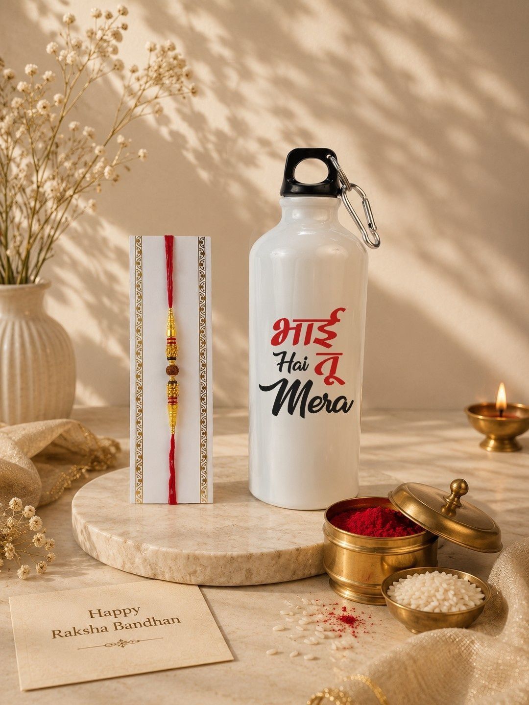 Giftii Set Of 2 Rudraksha Rakhi With Sipper Water Bottle Greeting Card & Roli Chawal-picture-36