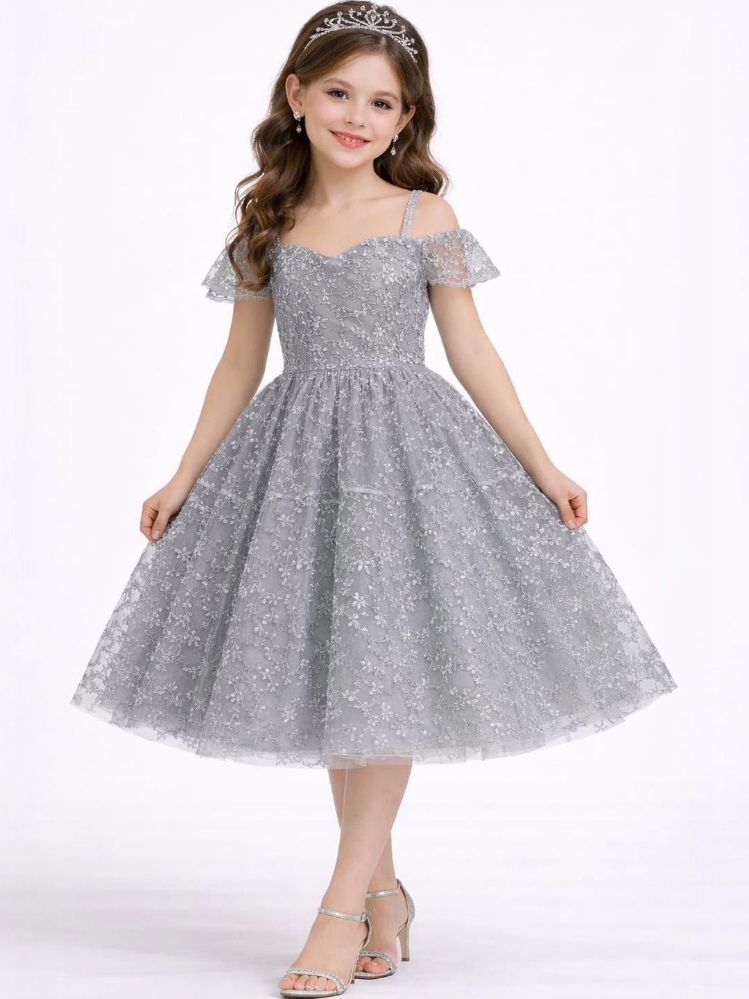 TILISM Embellished Off-Shoulder Flared Sleeve Ruffled Net A-Line Dress-picture-15