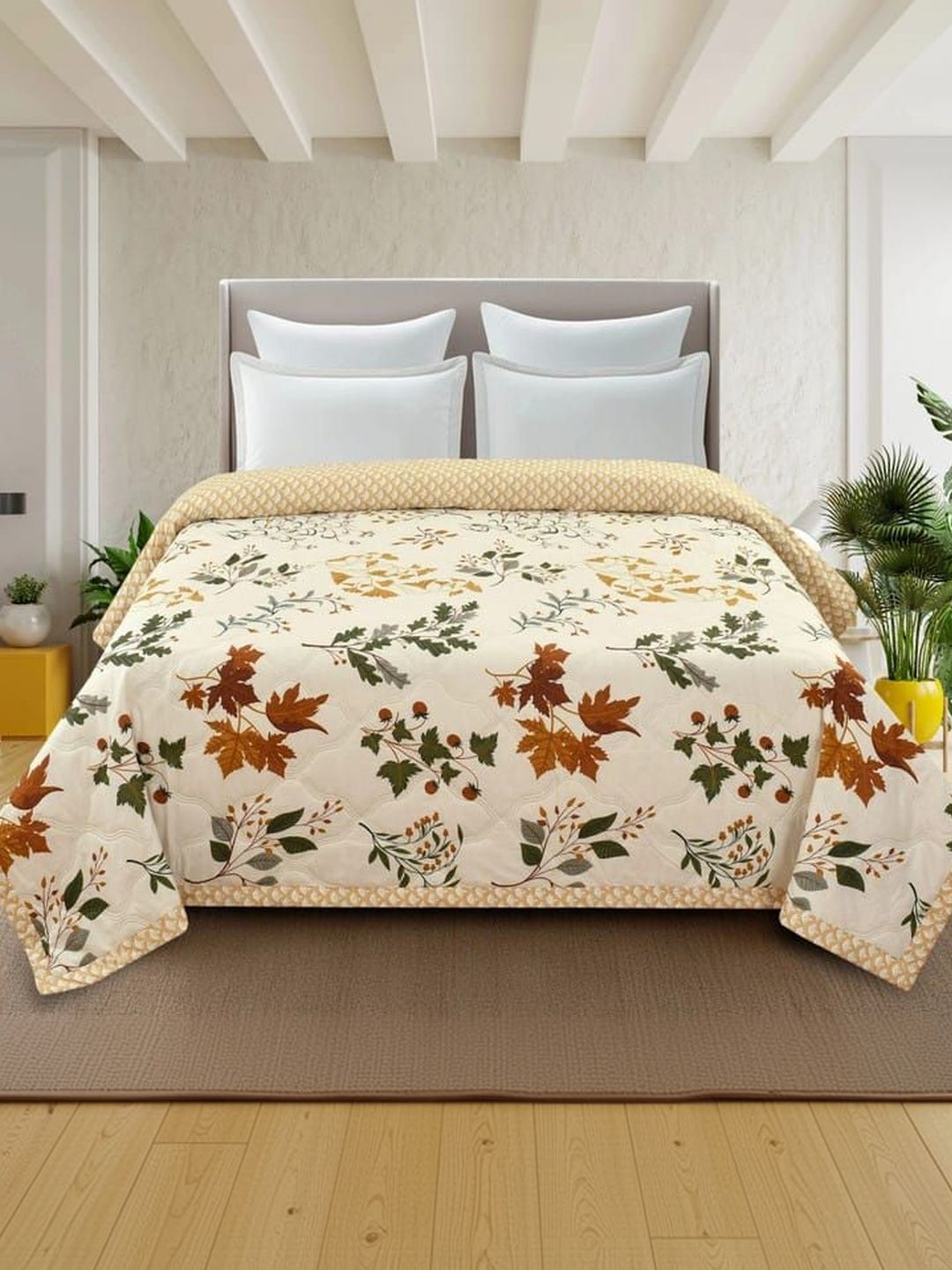 Comfowell Beige Floral AC Room 210 GSM Quilt-picture-56
