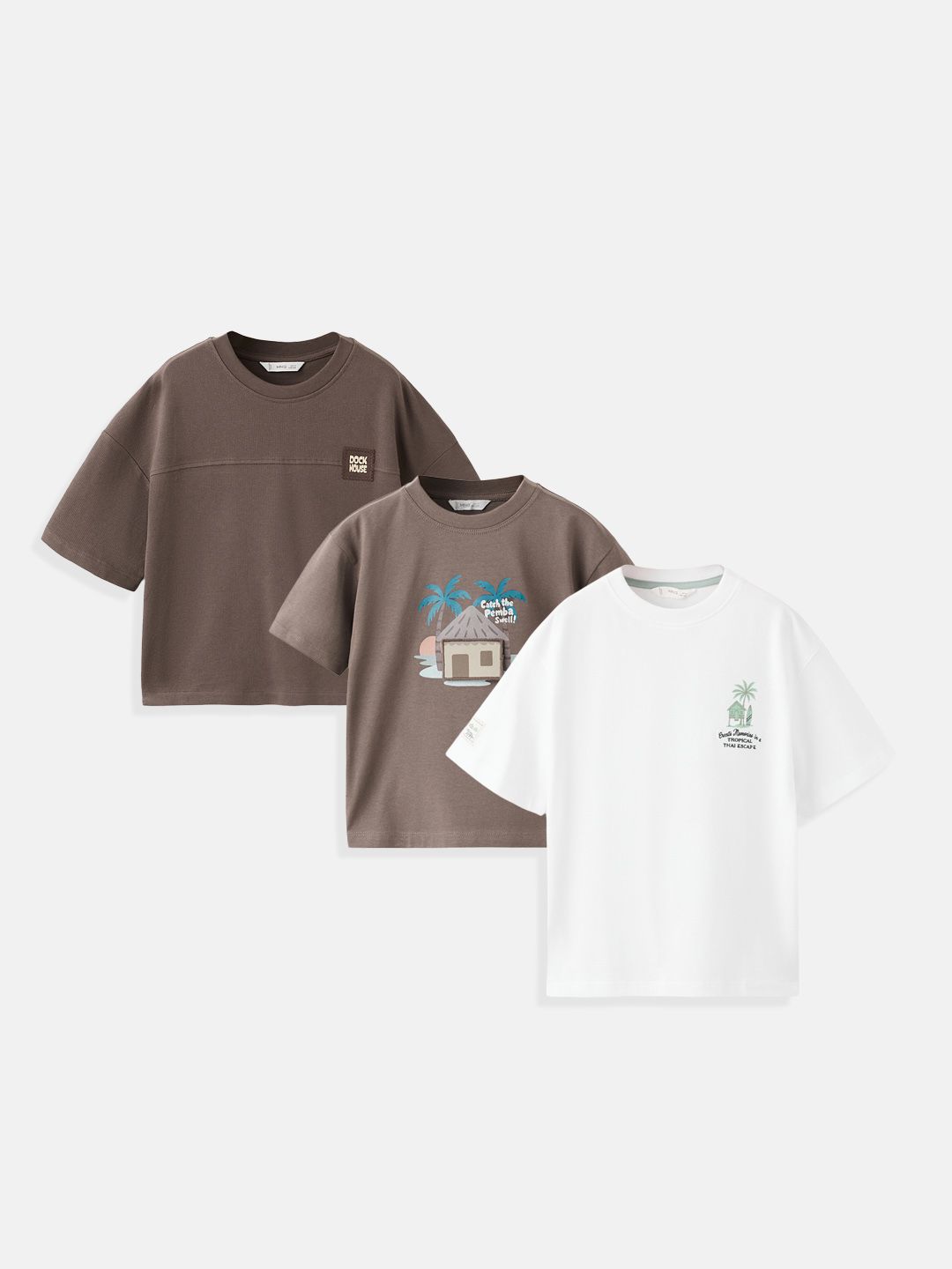Mango Kids Boys Pack of 3 Printed Drop-Shoulder Sleeves Pure Cotton T-shirt-picture-27
