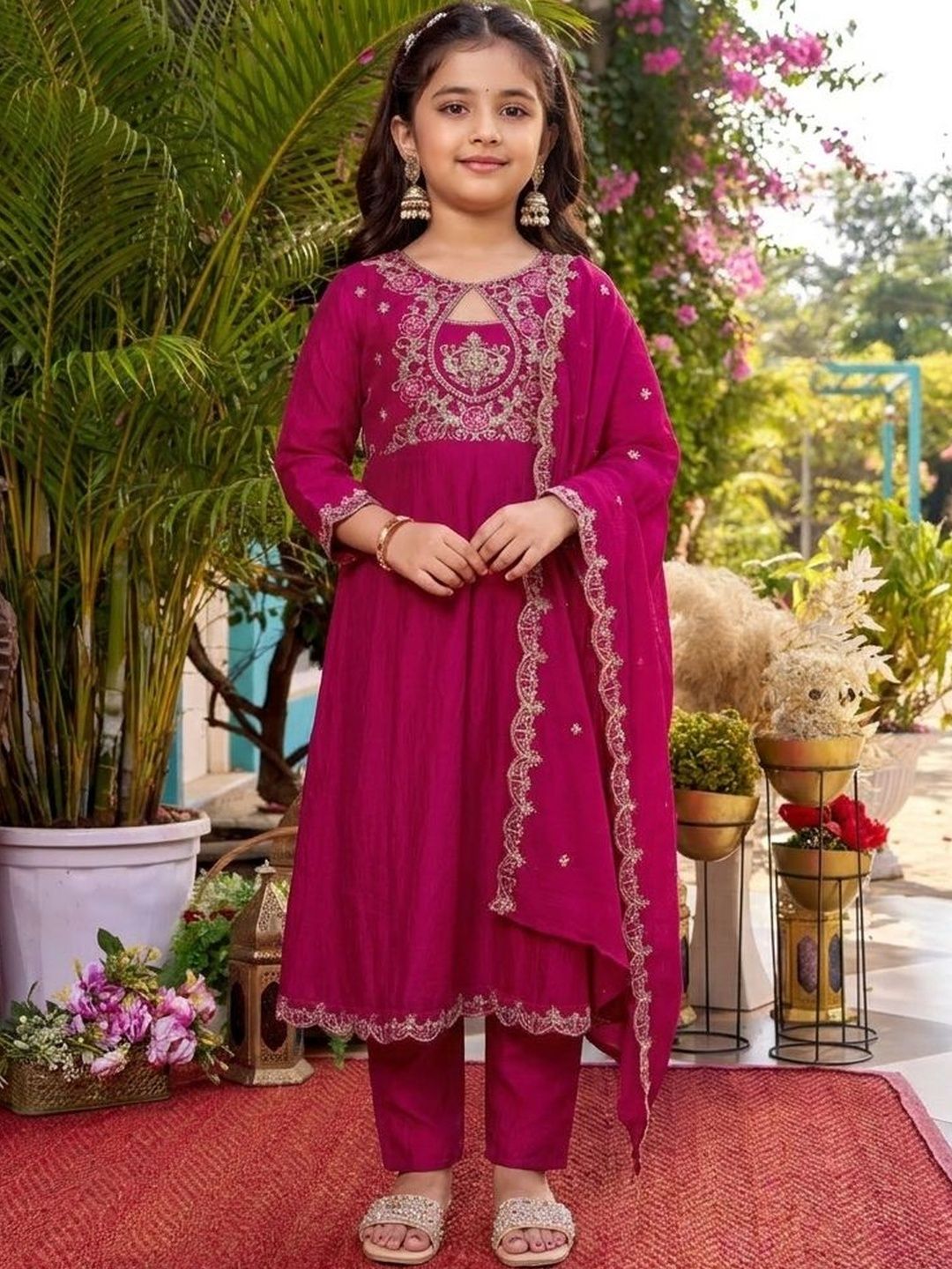 Sangria Girls Ethnic Motifs Embroidered Empire Thread Work Kurta with Trousers & With Dupatta-picture-20