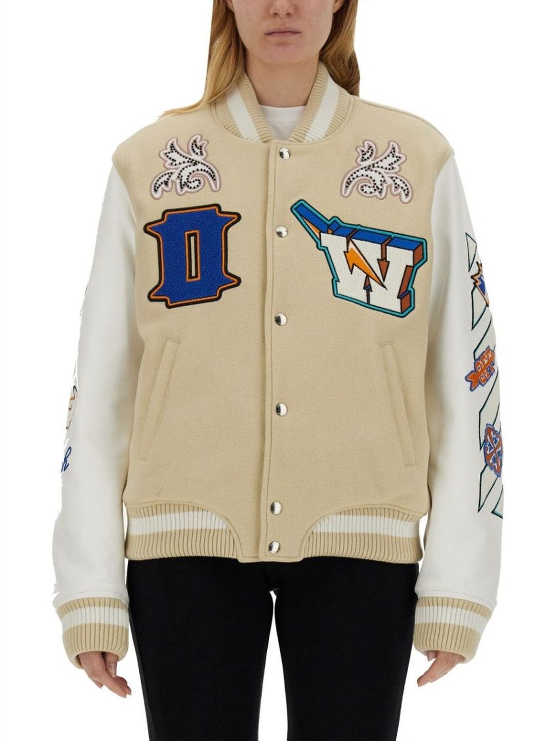 Off-White Beige Graphic Mandarin Collar Jacket-image-46