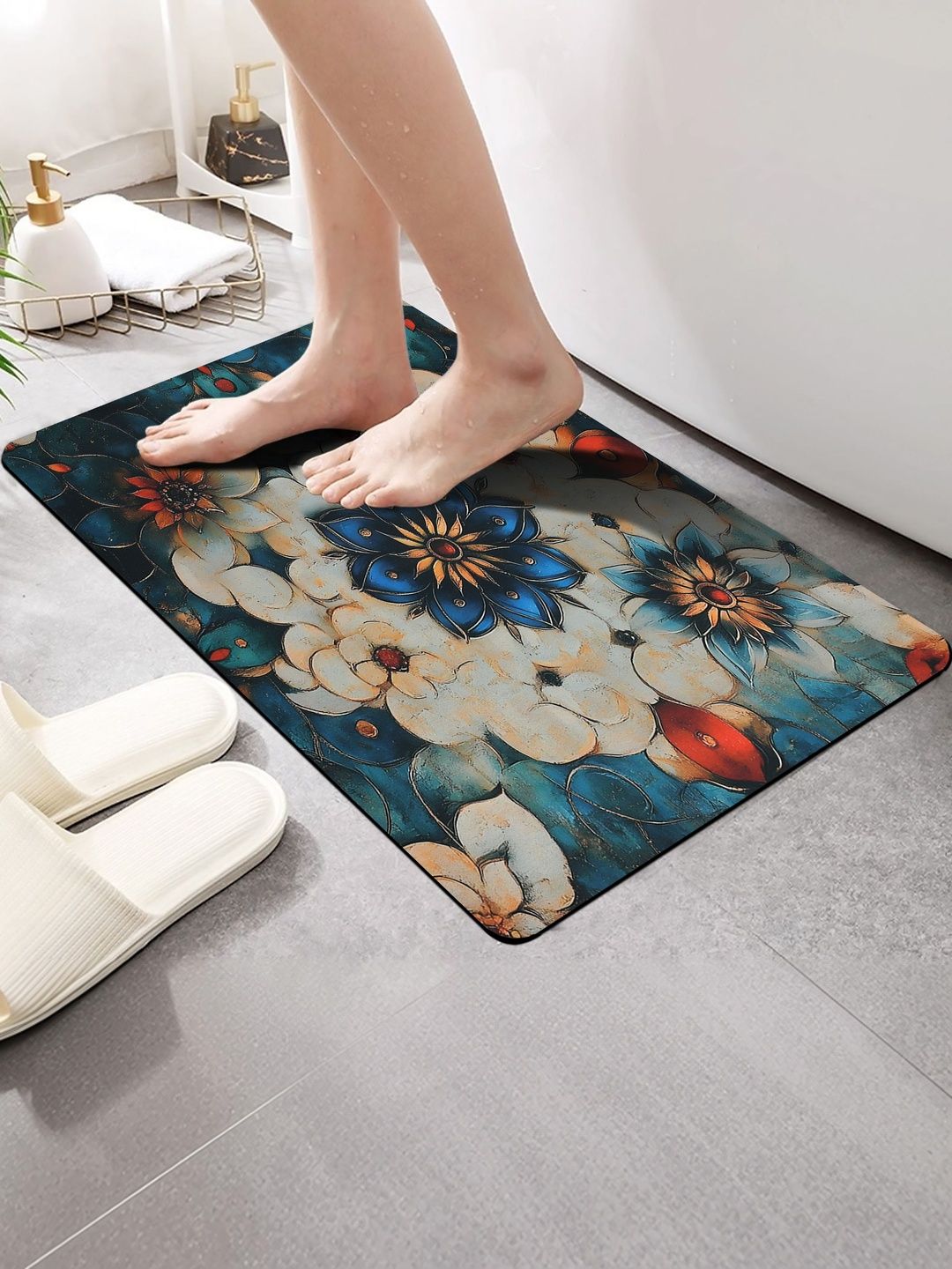 FINE TEX WORLD Black & Blue Printed Water Absorbable Anti-Skid Doormats-picture-37
