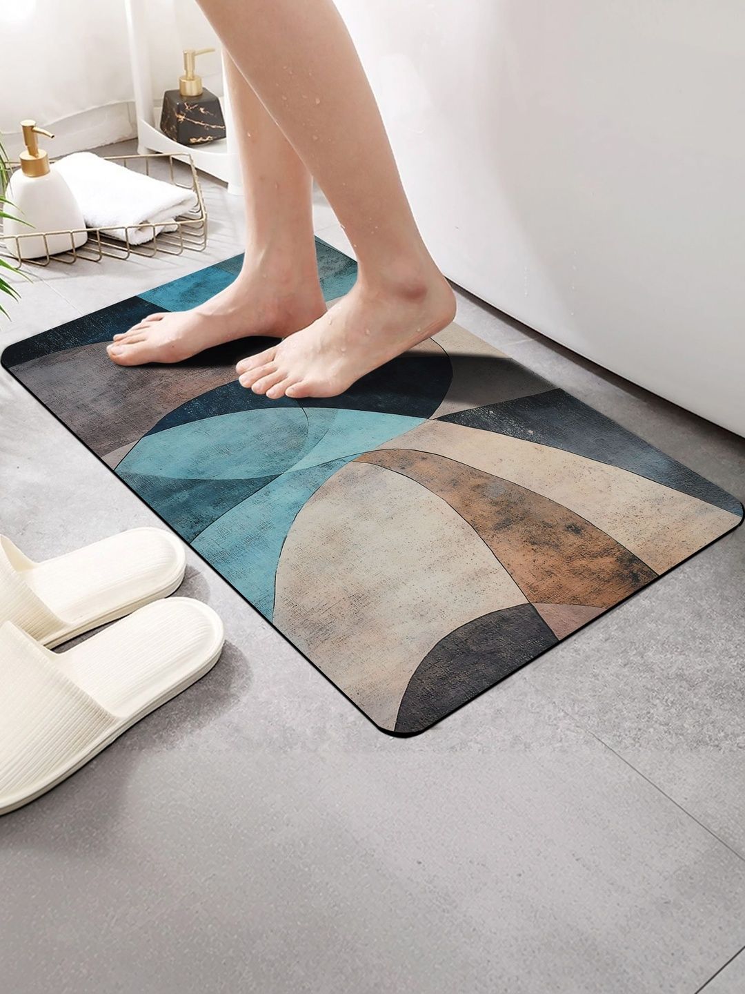FINE TEX WORLD Black & Blue Printed Water Absorbable Anti-Skid Doormats-picture-34