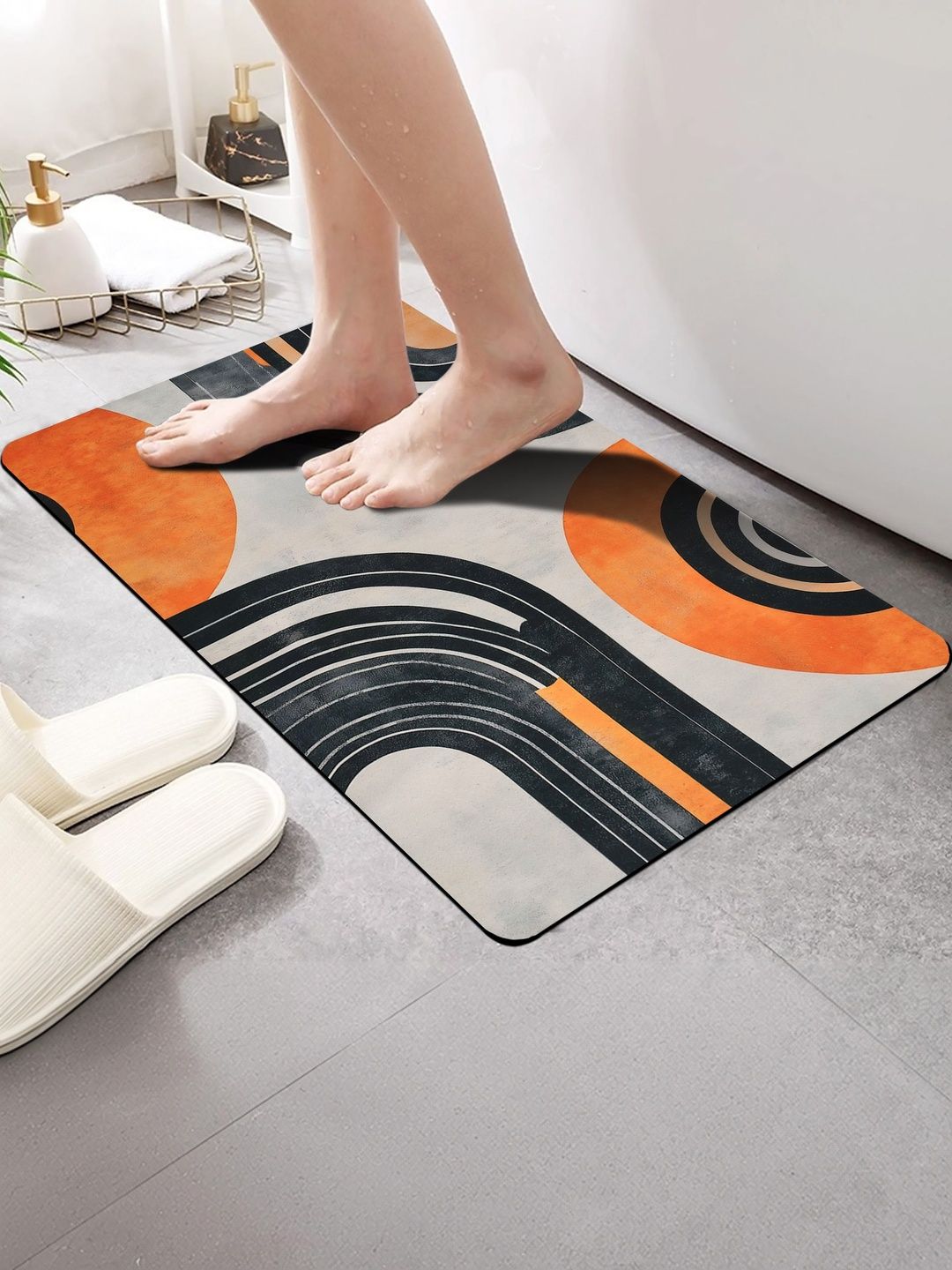 FINE TEX WORLD Black & Orange Printed Water Absorbable Anti-Skid Doormats-picture-9
