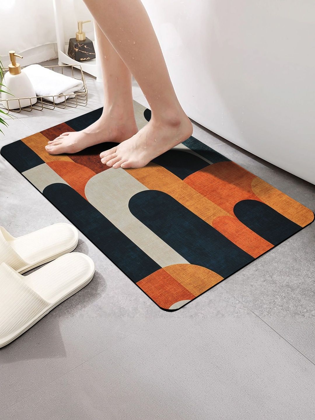 FINE TEX WORLD Black & Orange Printed Water Absorbable Anti-Skid Doormats-picture-34