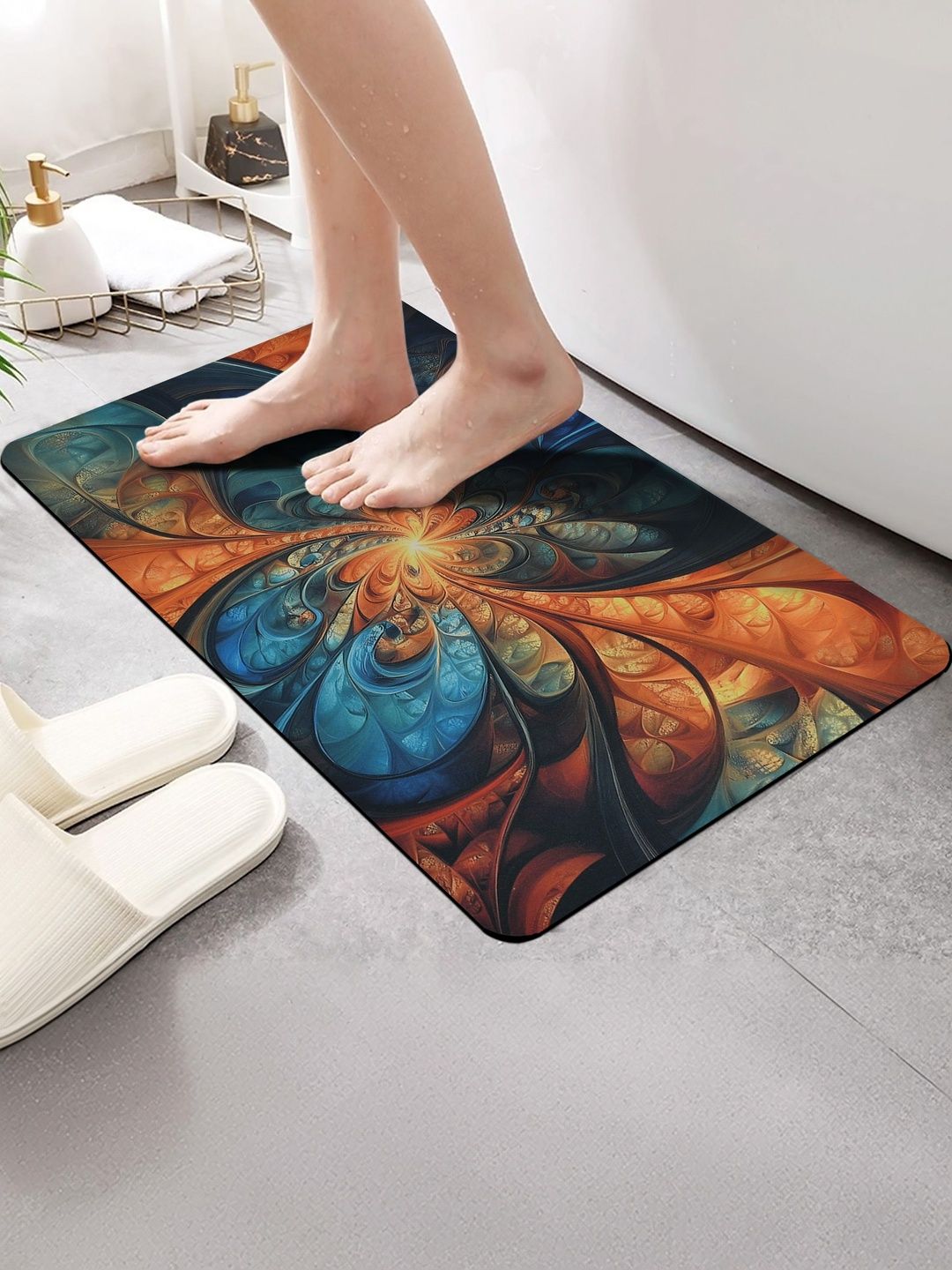 FINE TEX WORLD Black & Orange Printed Water Absorbable Anti-Skid Doormats-picture-30
