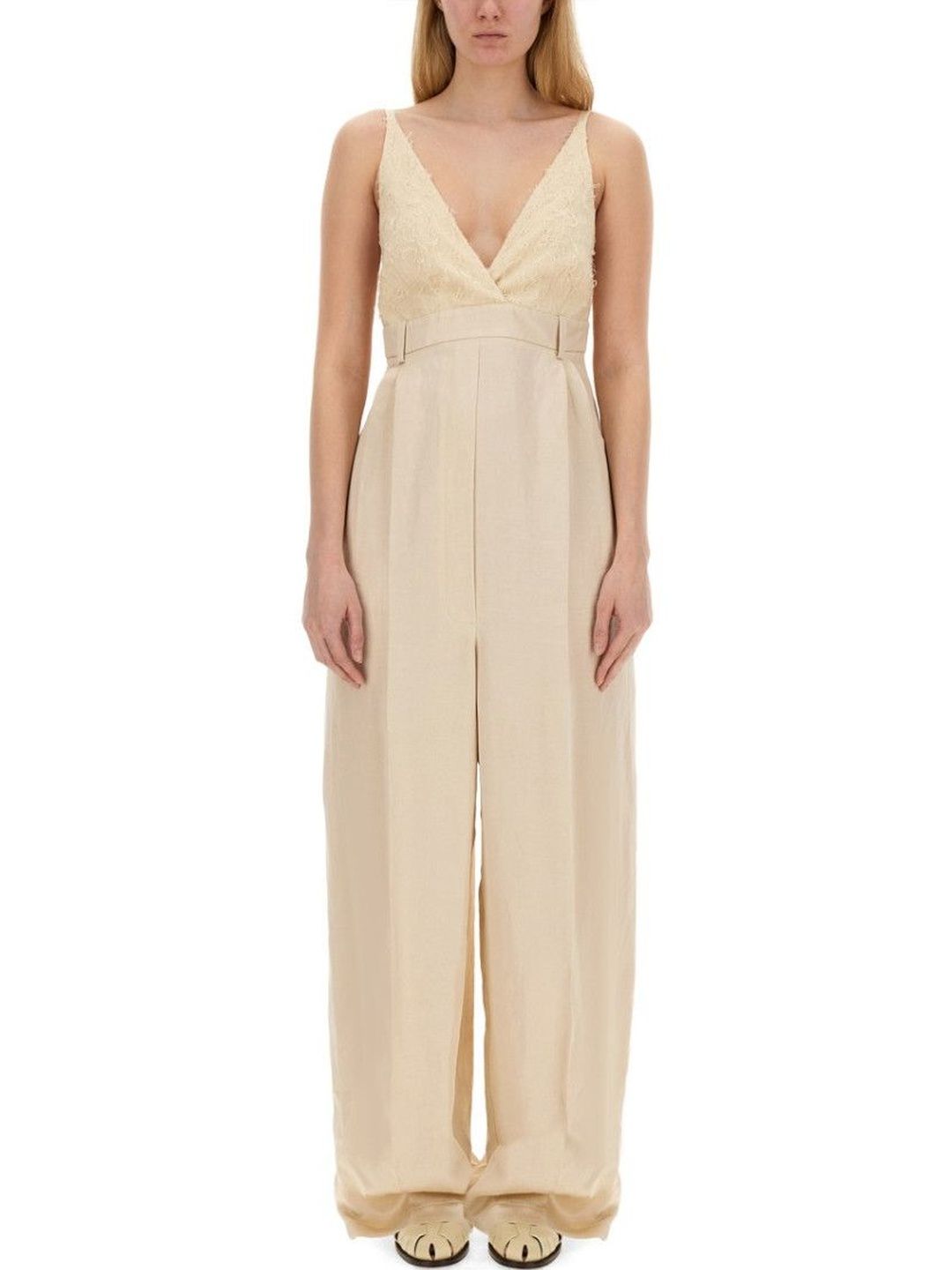 Beige Textured V Neck Jumpsuit-image-23